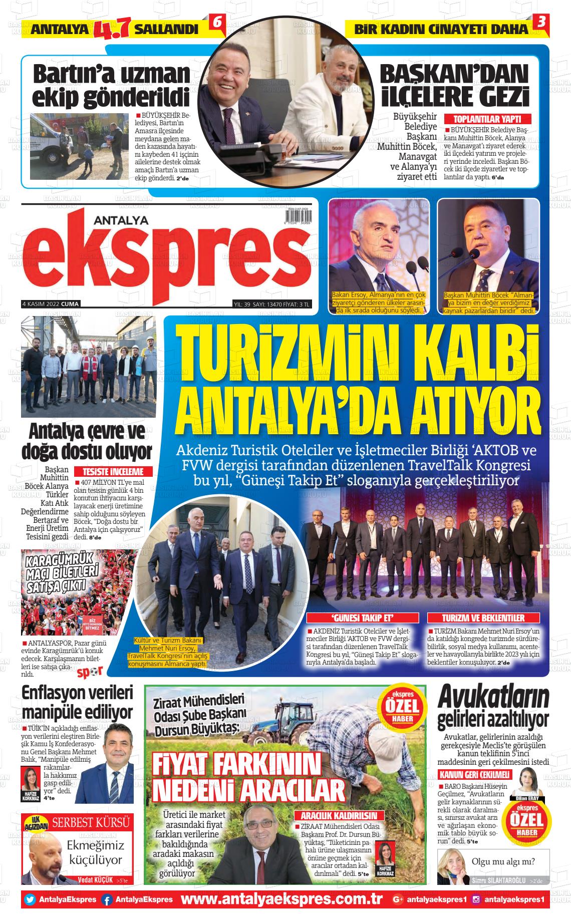 04 Kasım 2022 Antalya Ekspres Gazete Manşeti