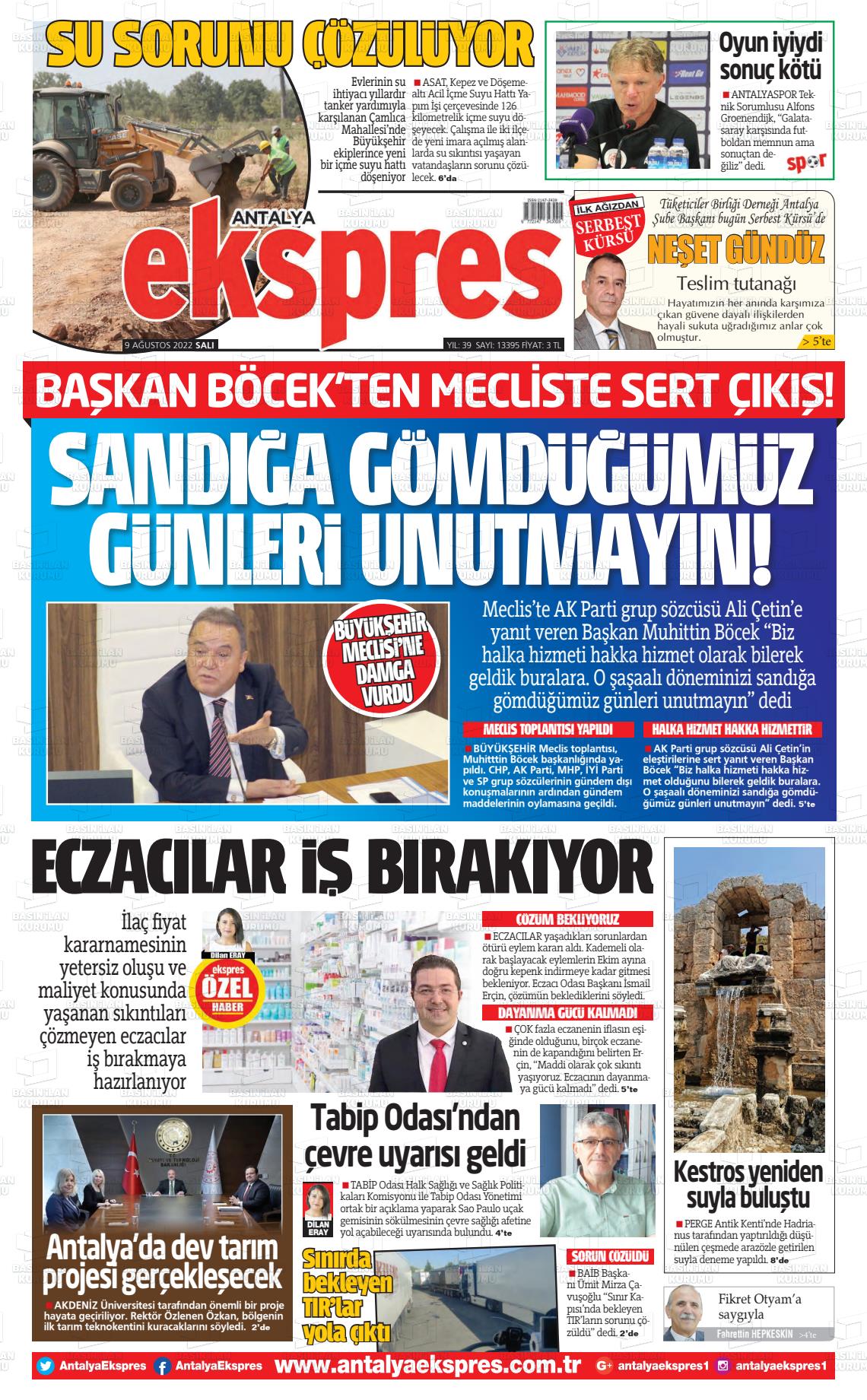 09 Ağustos 2022 Antalya Ekspres Gazete Manşeti