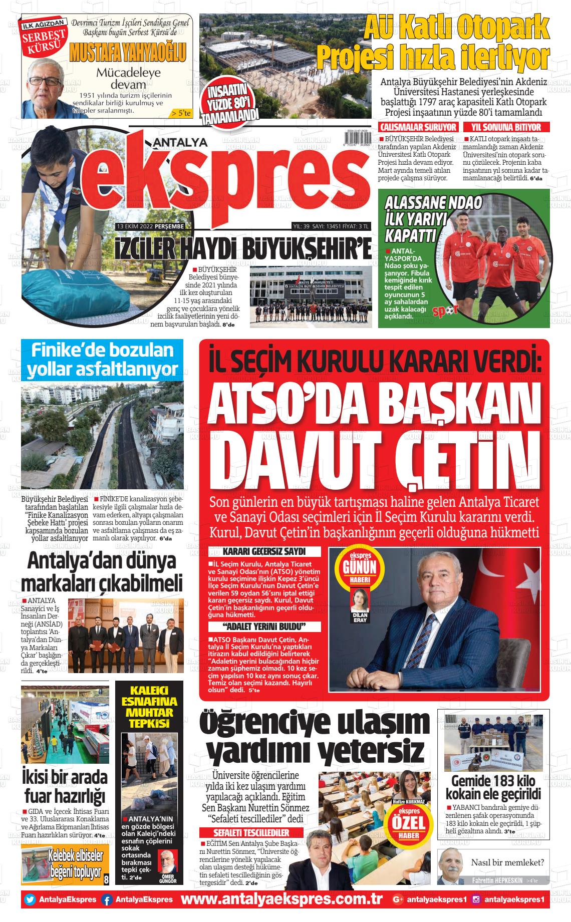 13 Ekim 2022 Antalya Ekspres Gazete Manşeti