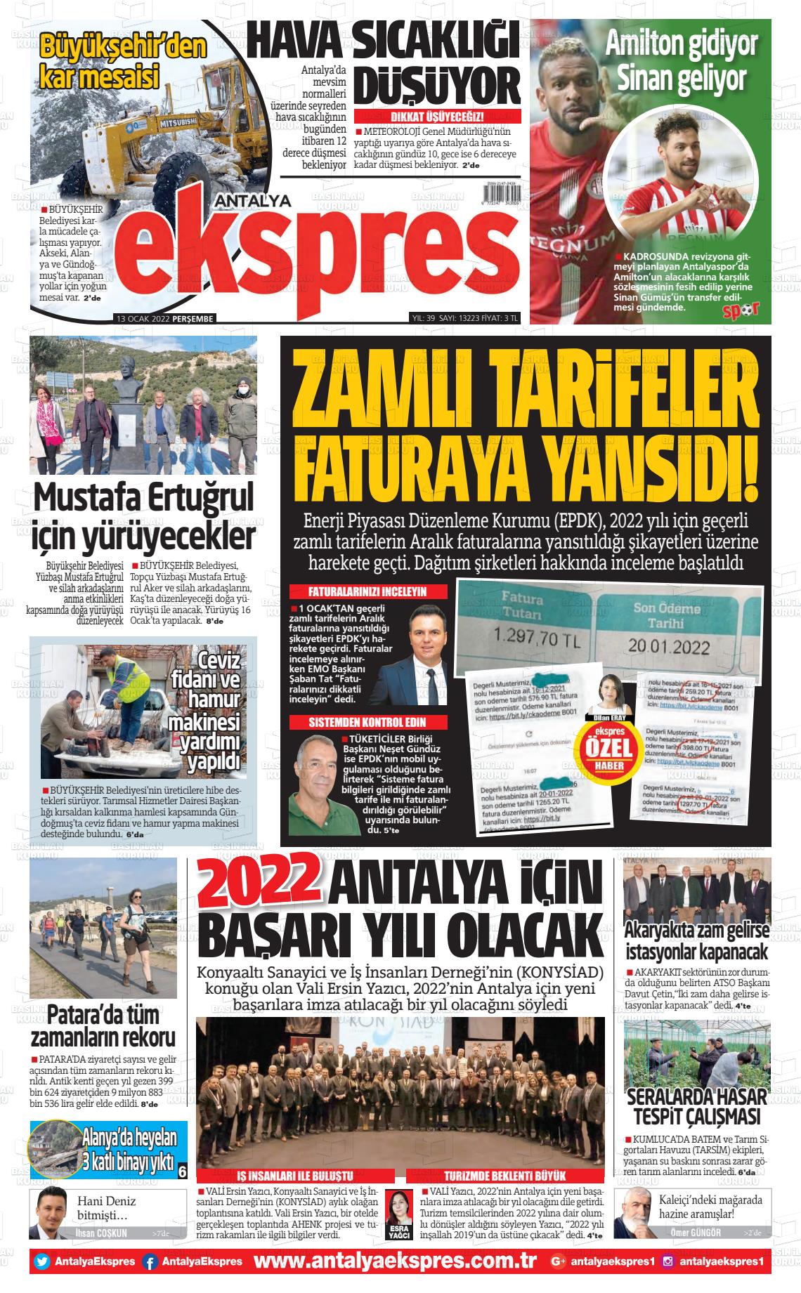 13 Ocak 2022 Antalya Ekspres Gazete Manşeti