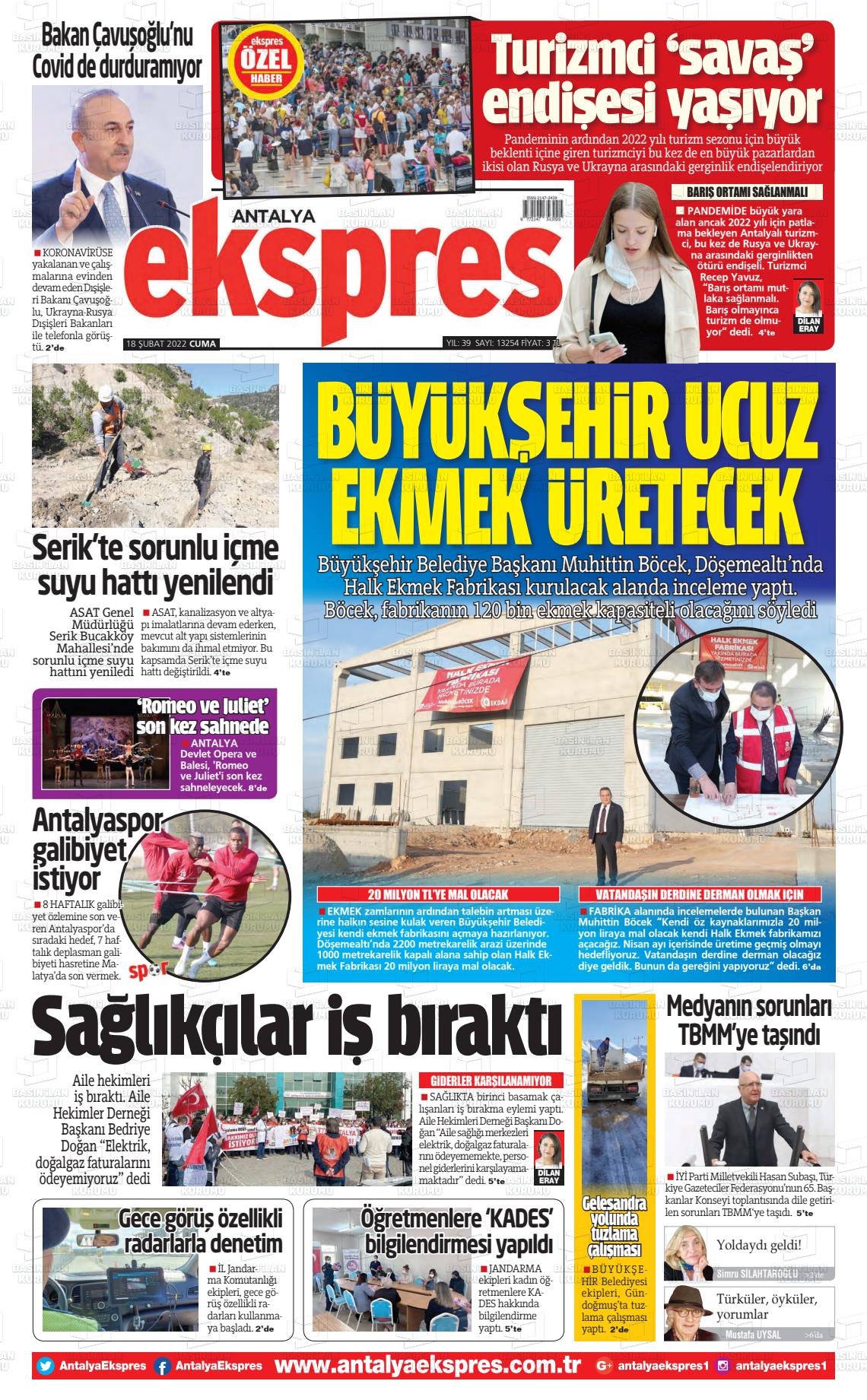 18 Şubat 2022 Antalya Ekspres Gazete Manşeti