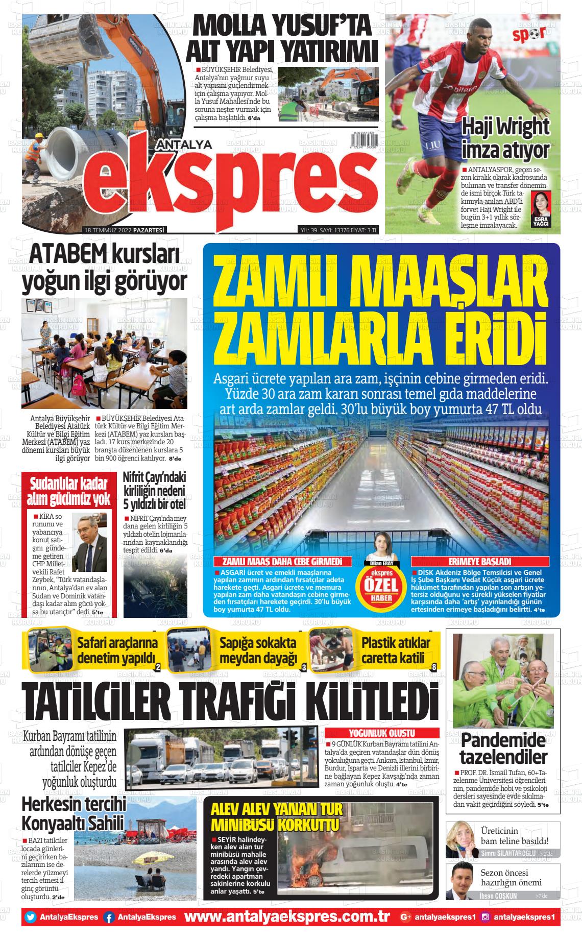 18 Temmuz 2022 Antalya Ekspres Gazete Manşeti