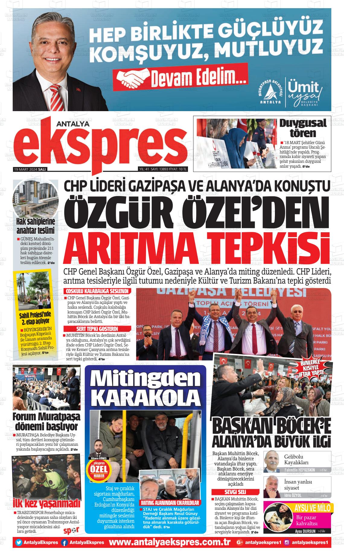 19 Mart 2024 Antalya Ekspres Gazete Manşeti