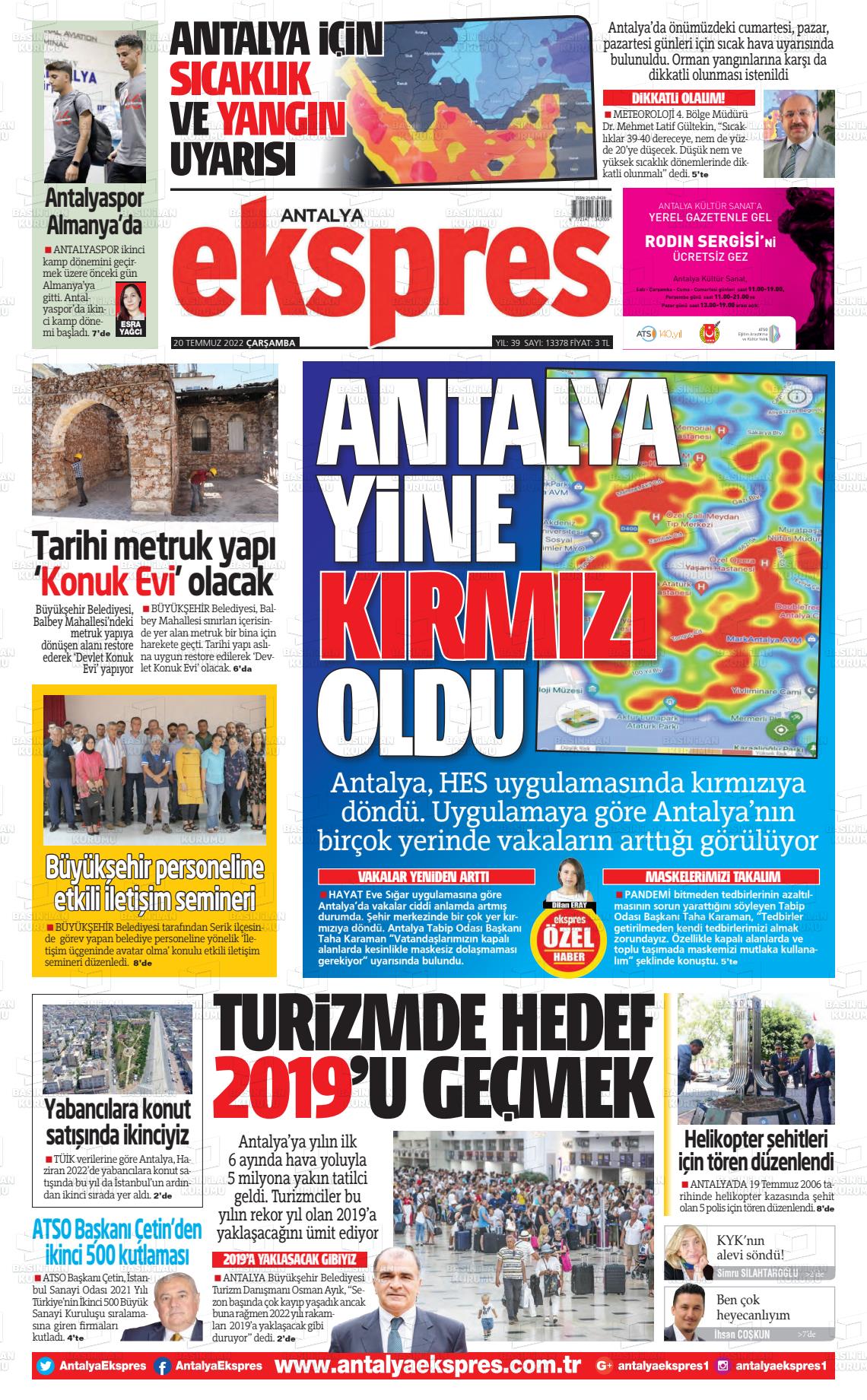 20 Temmuz 2022 Antalya Ekspres Gazete Manşeti