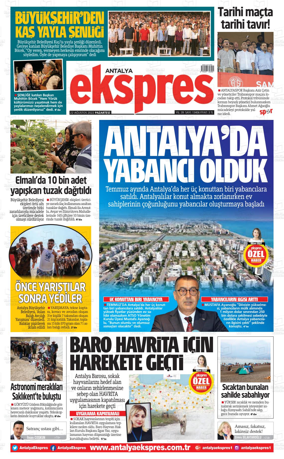 23 Ağustos 2022 Antalya Ekspres Gazete Manşeti