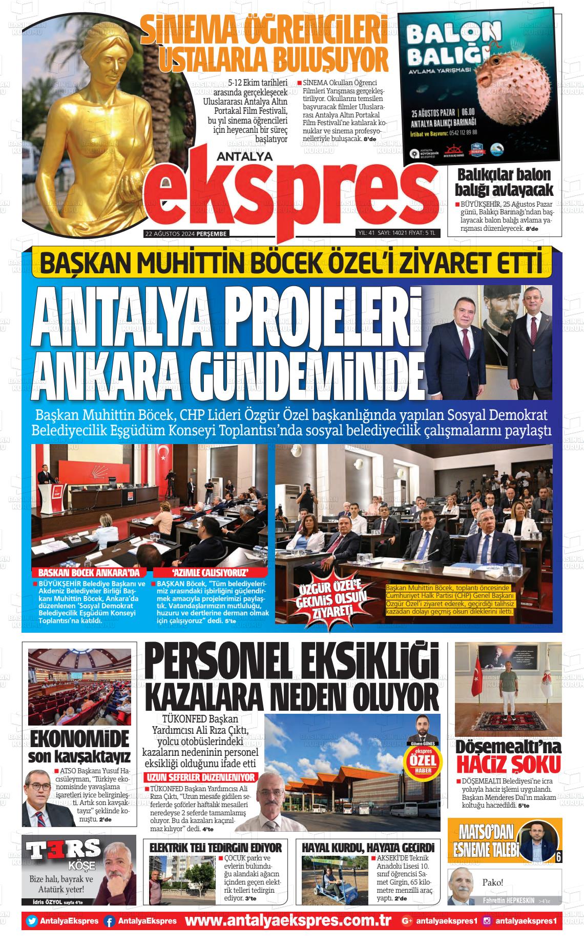 22 Ağustos 2024 Antalya Ekspres Gazete Manşeti