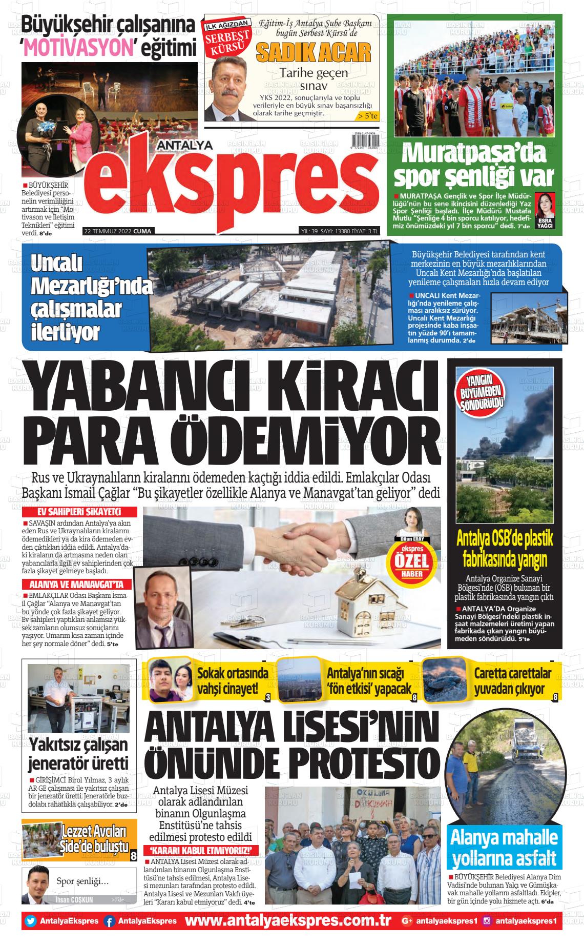 19 Eylül 2022 Antalya Ekspres Gazete Manşeti