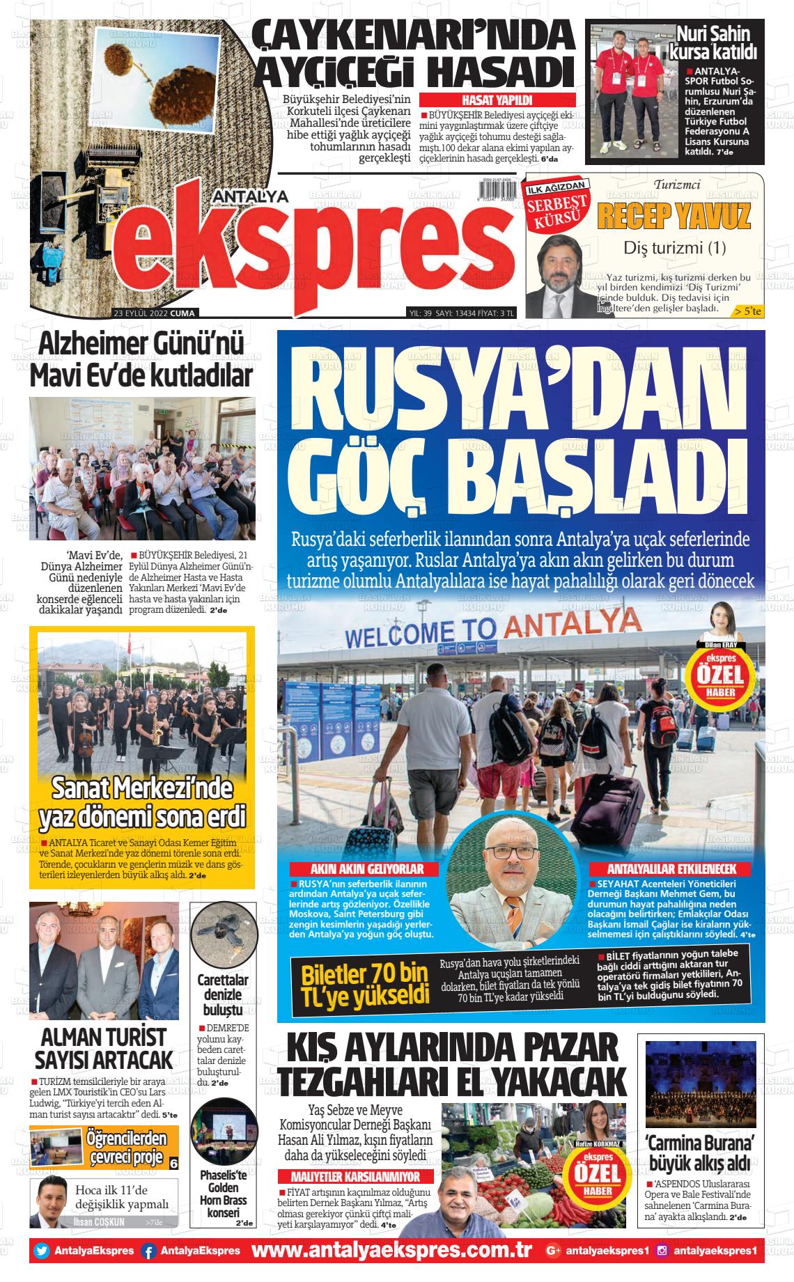 23 Eylül 2022 Antalya Ekspres Gazete Manşeti