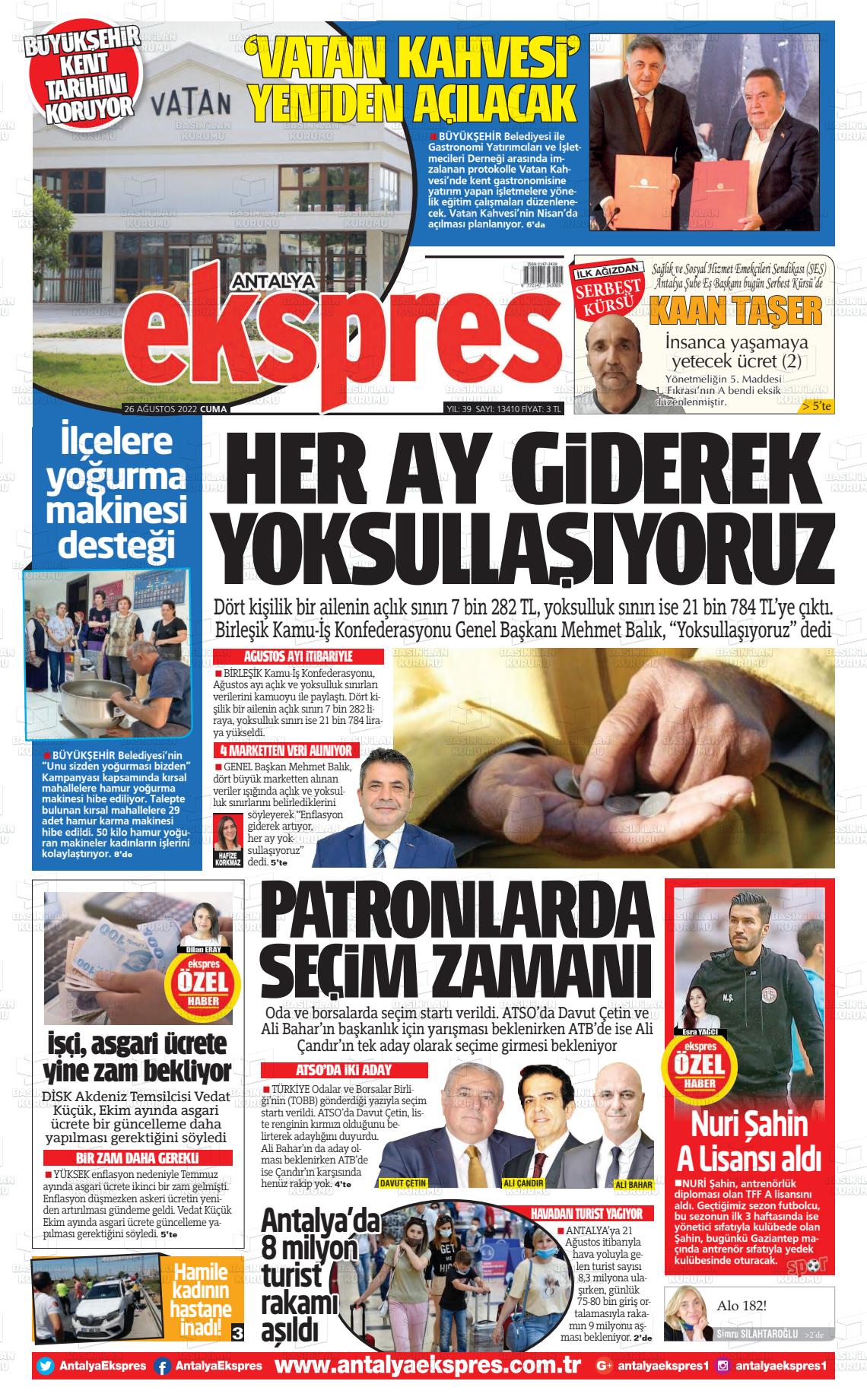 26 Ağustos 2022 Antalya Ekspres Gazete Manşeti