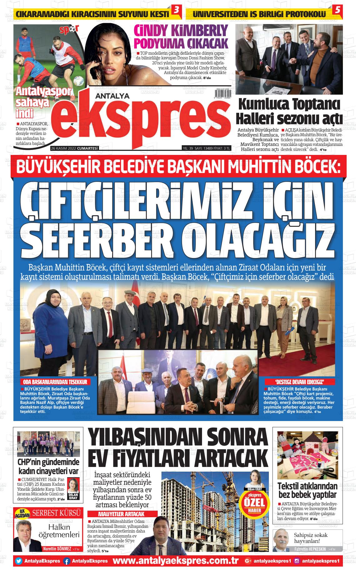 26 Kasım 2022 Antalya Ekspres Gazete Manşeti