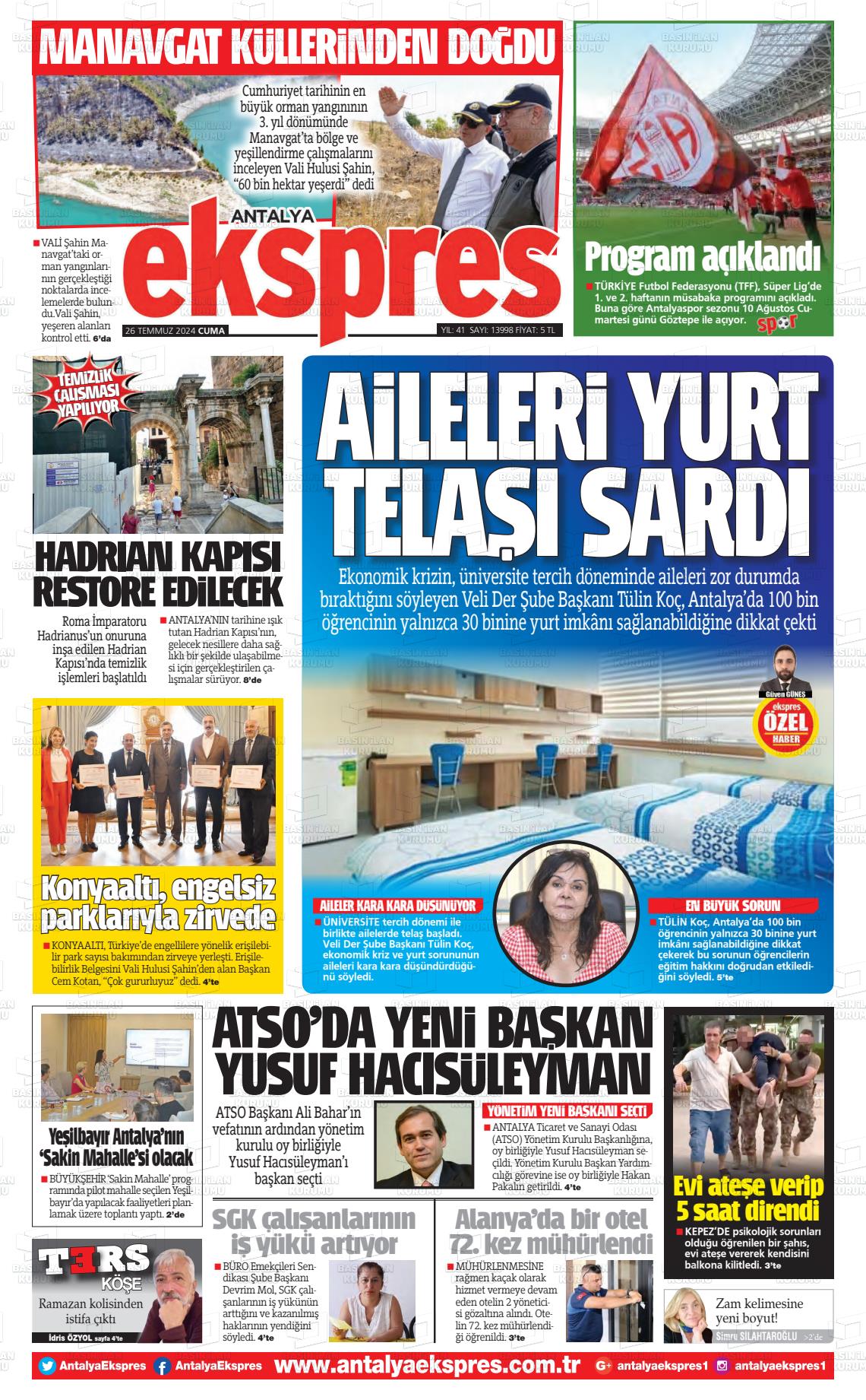 26 Temmuz 2024 Antalya Ekspres Gazete Manşeti