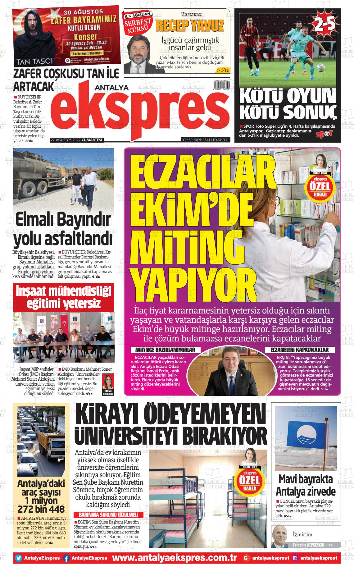 27 Ağustos 2022 Antalya Ekspres Gazete Manşeti
