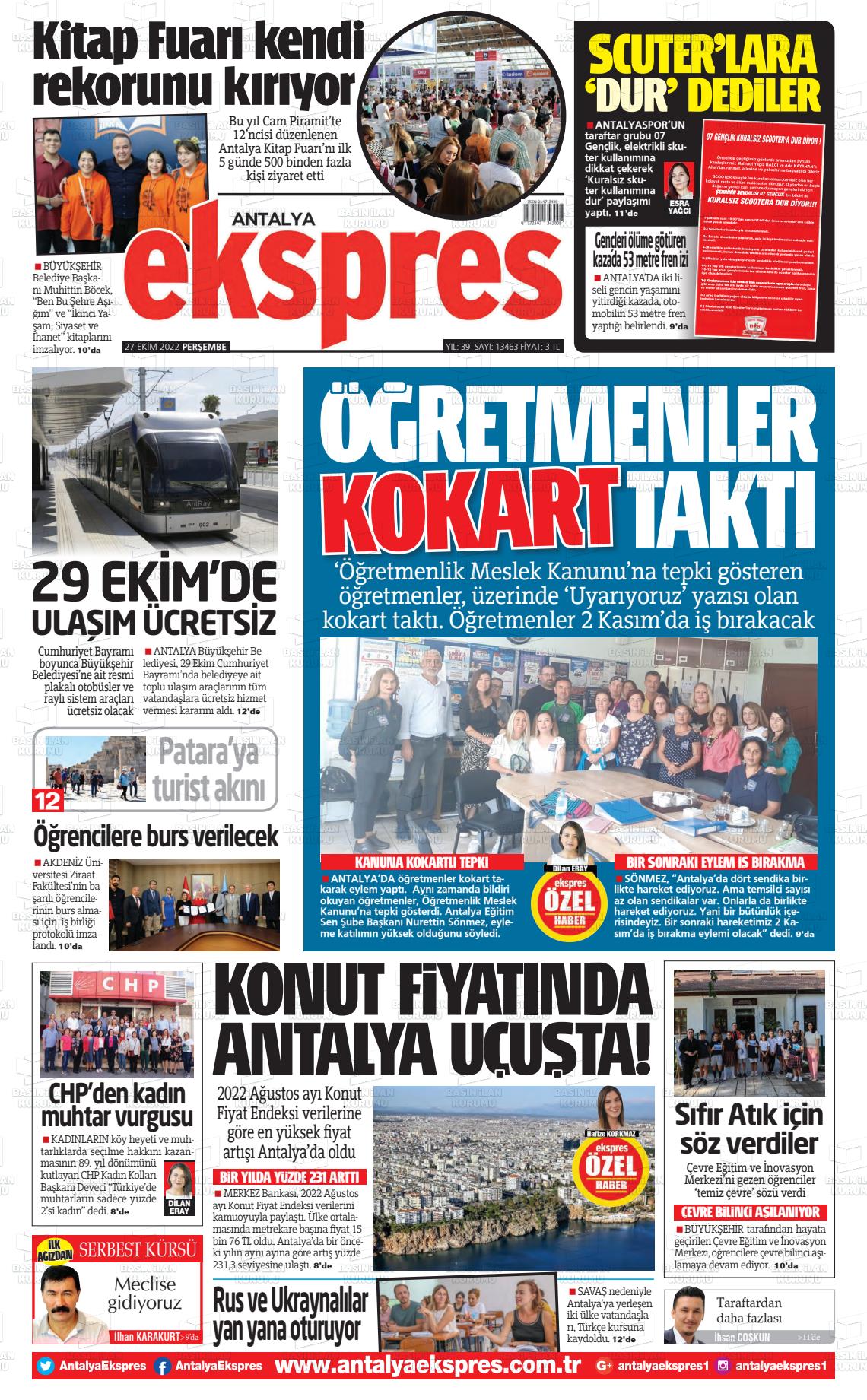 27 Ekim 2022 Antalya Ekspres Gazete Manşeti