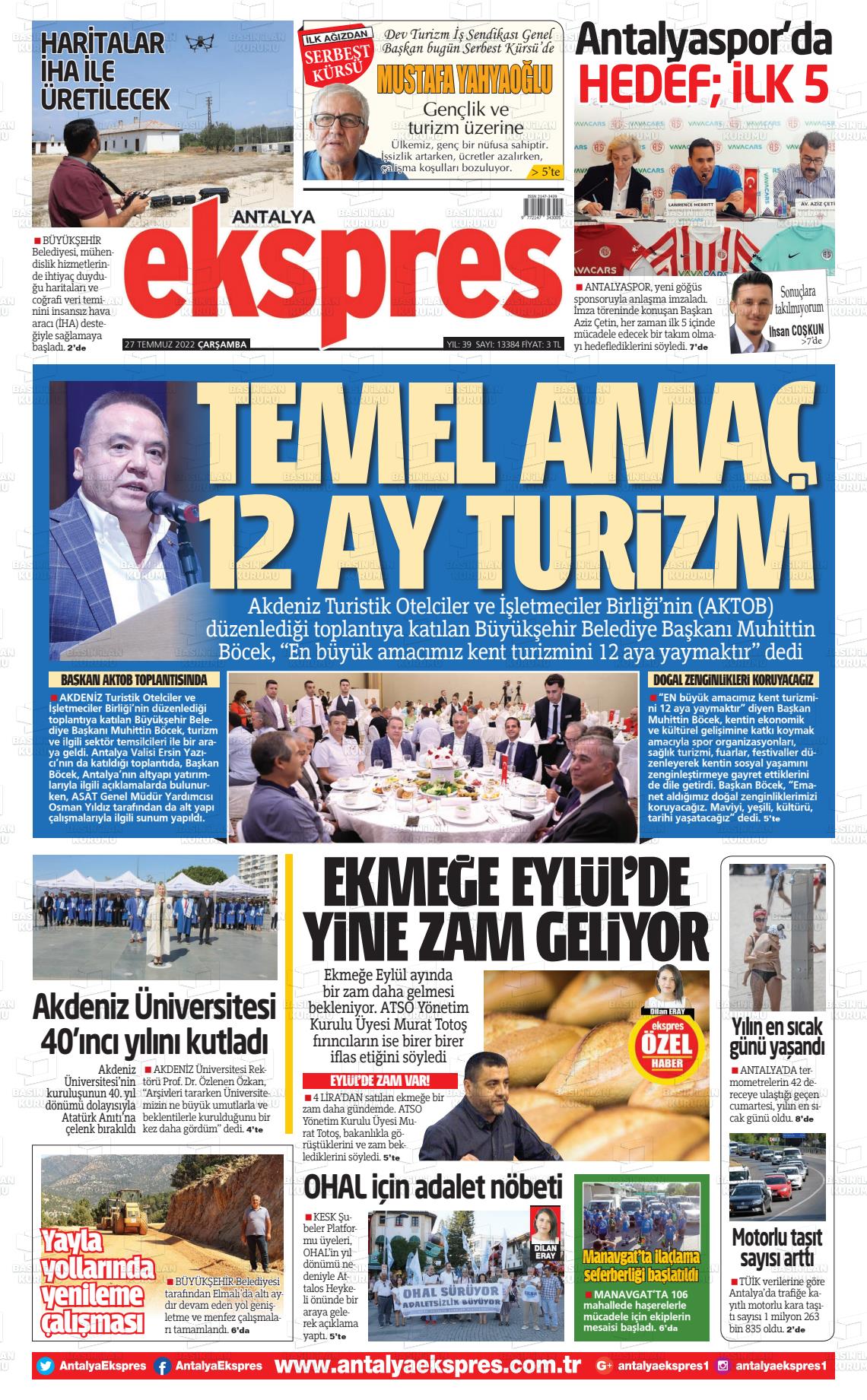 27 Temmuz 2022 Antalya Ekspres Gazete Manşeti