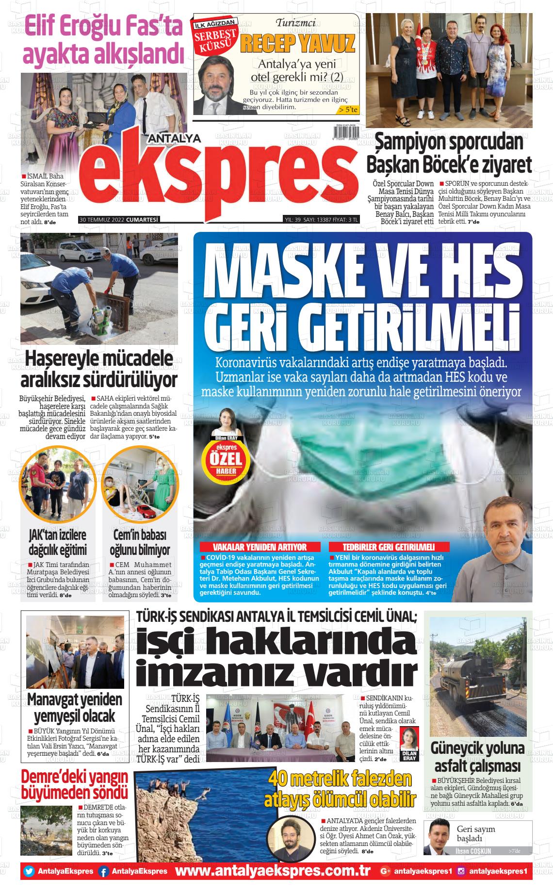 30 Temmuz 2022 Antalya Ekspres Gazete Manşeti