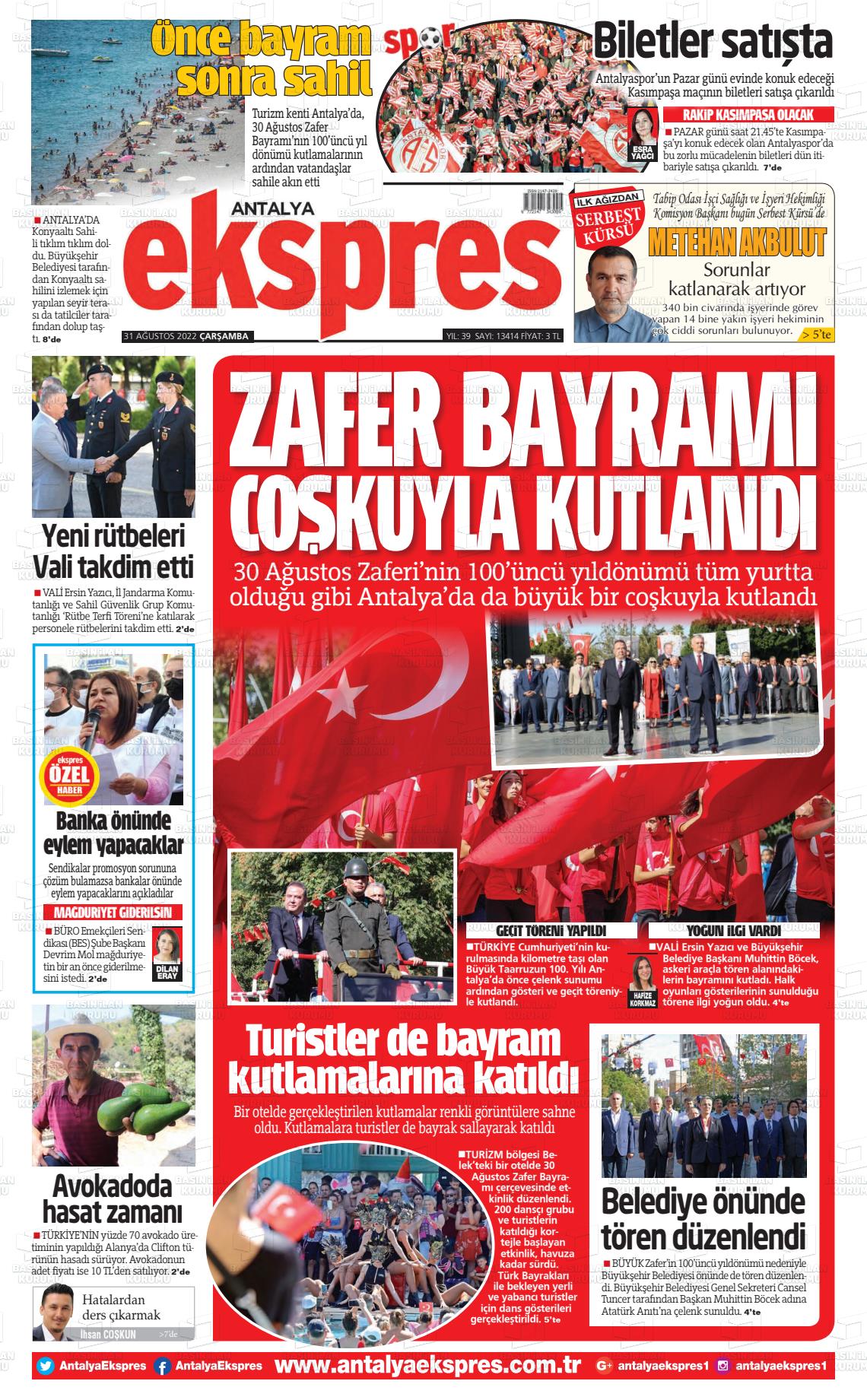 31 Ağustos 2022 Antalya Ekspres Gazete Manşeti