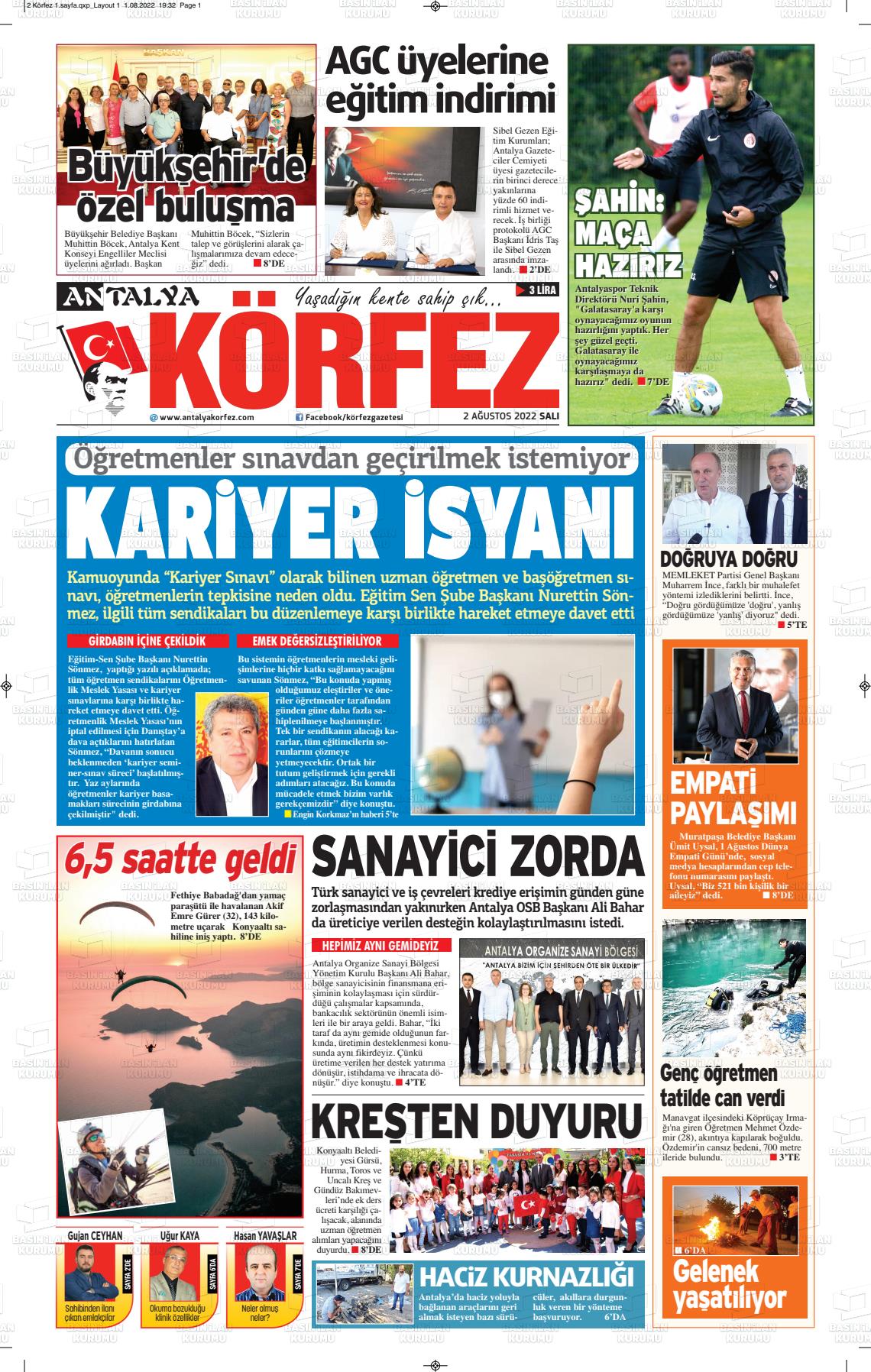 02 Ağustos 2022 Antalya Körfez Gazete Manşeti