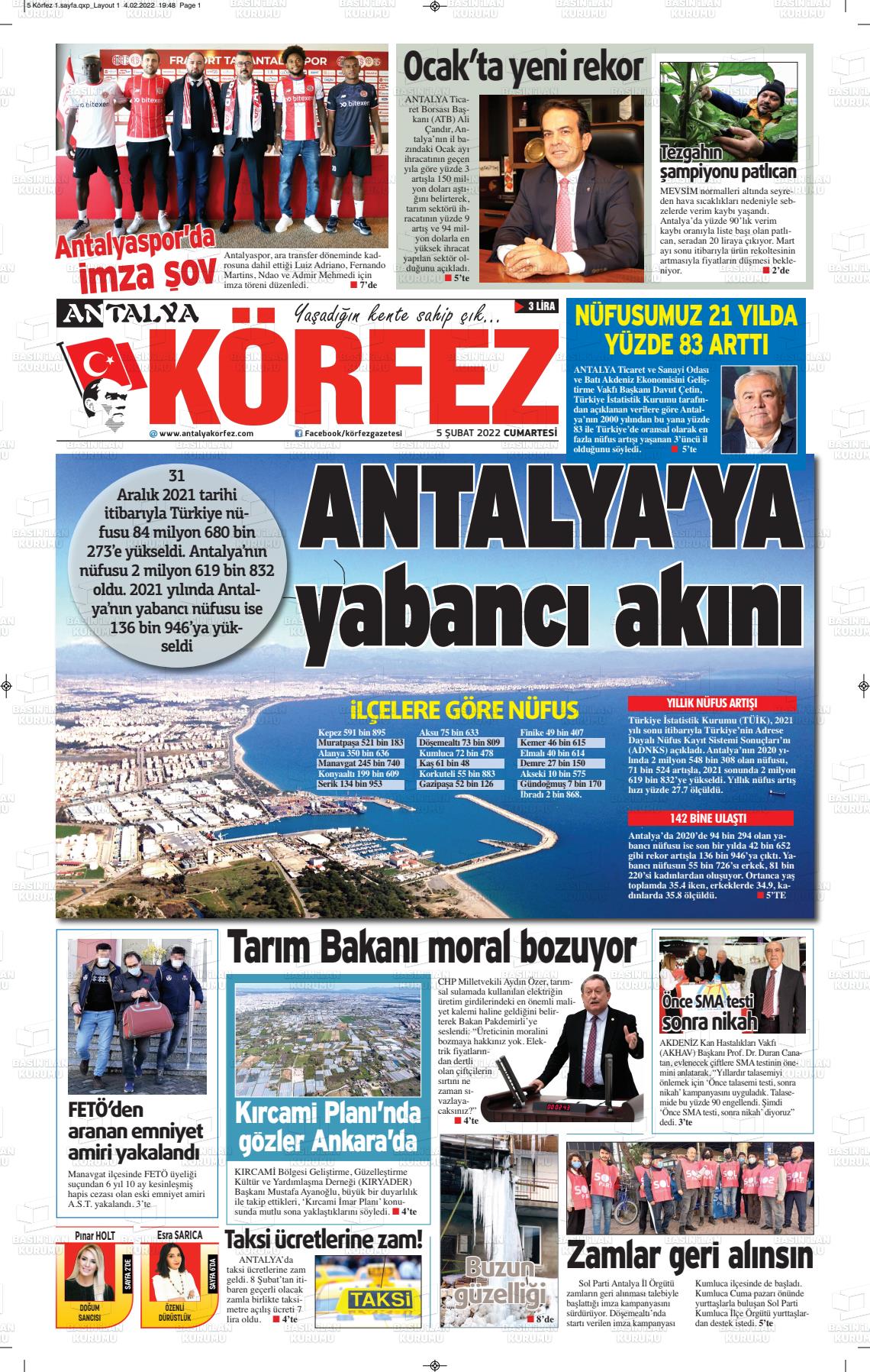 05 Şubat 2022 Antalya Körfez Gazete Manşeti