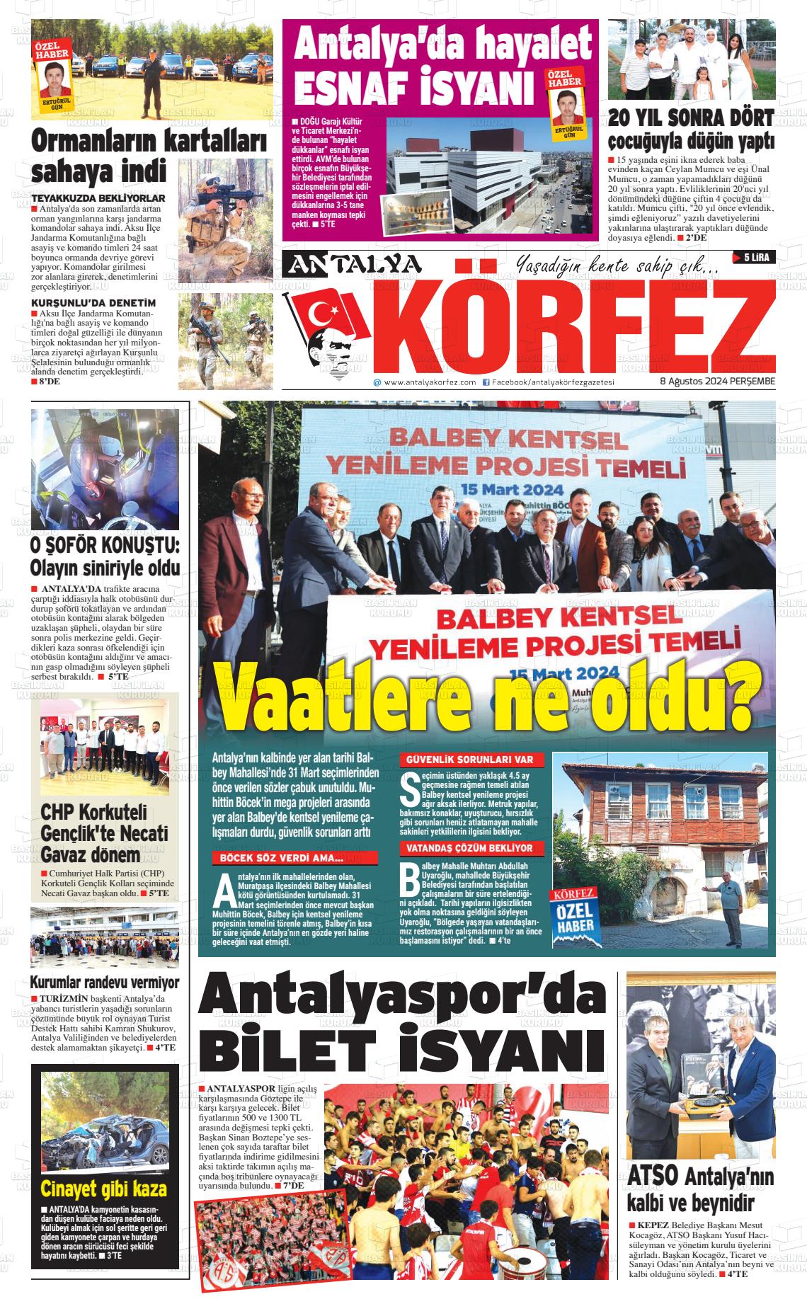 08 Ağustos 2024 Antalya Körfez Gazete Manşeti