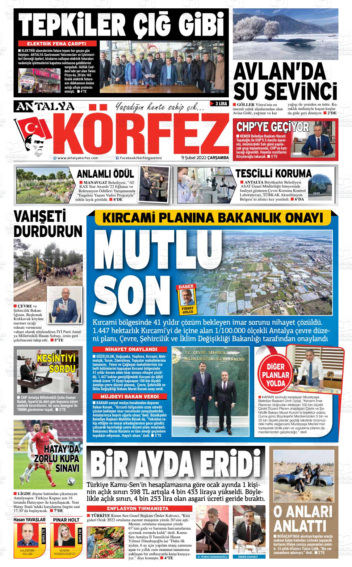 09 Şubat 2022 Antalya Körfez Gazete Manşeti