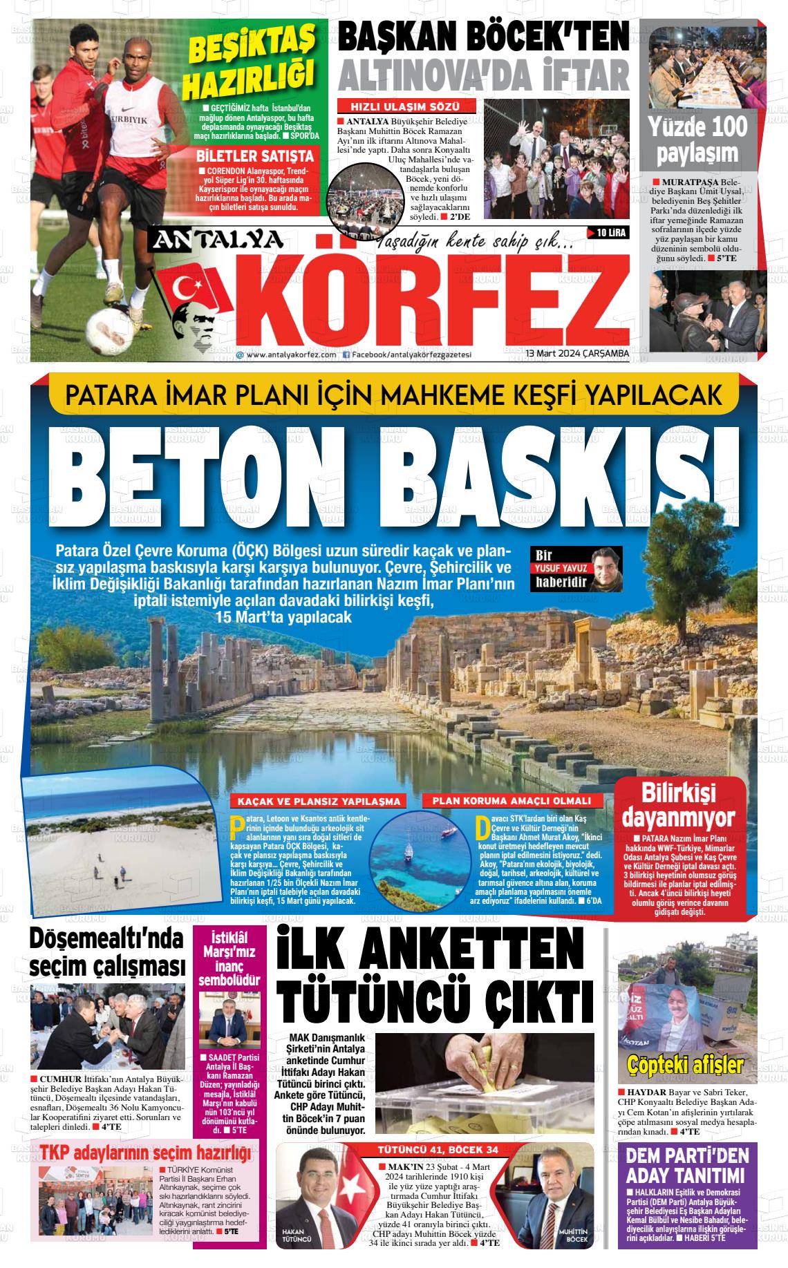 13 Mart 2024 Antalya Körfez Gazete Manşeti