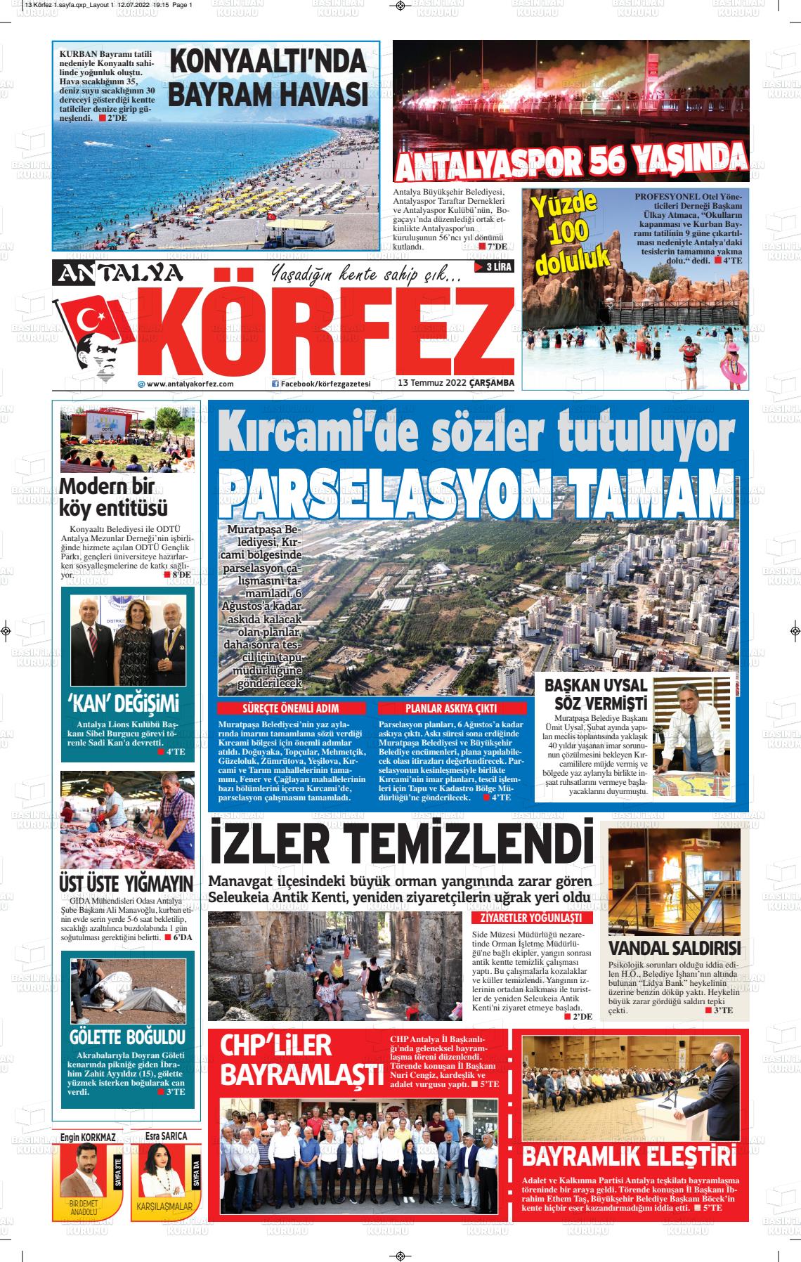 13 Temmuz 2022 Antalya Körfez Gazete Manşeti