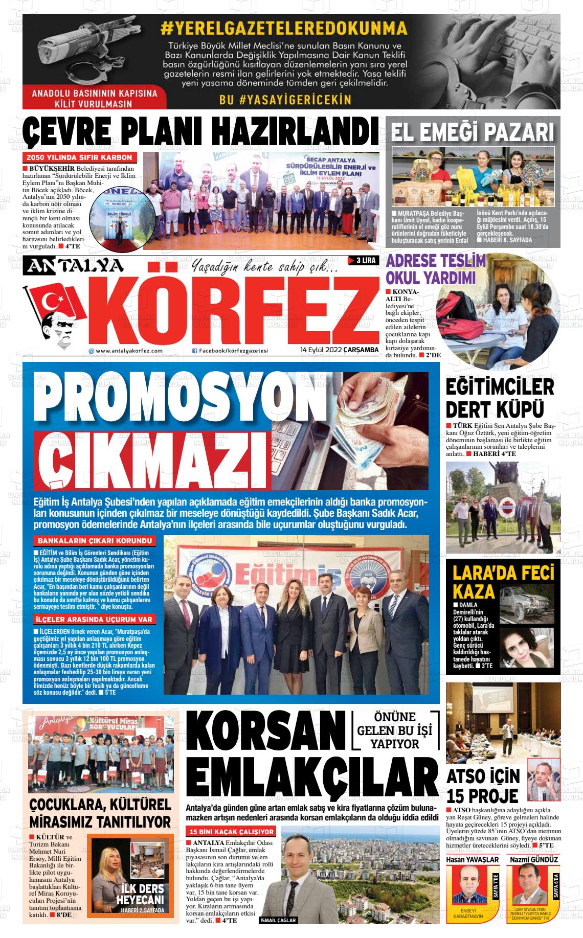 14 Eylül 2022 Antalya Körfez Gazete Manşeti