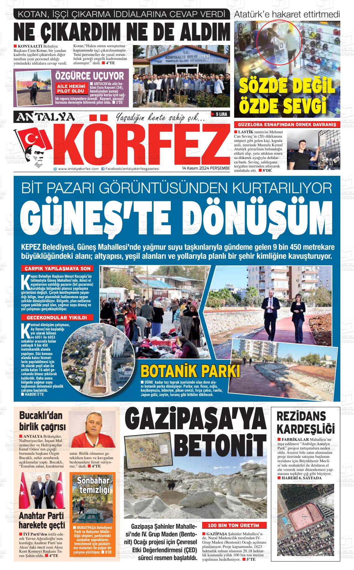 14 Kasım 2024 Antalya Körfez Gazete Manşeti