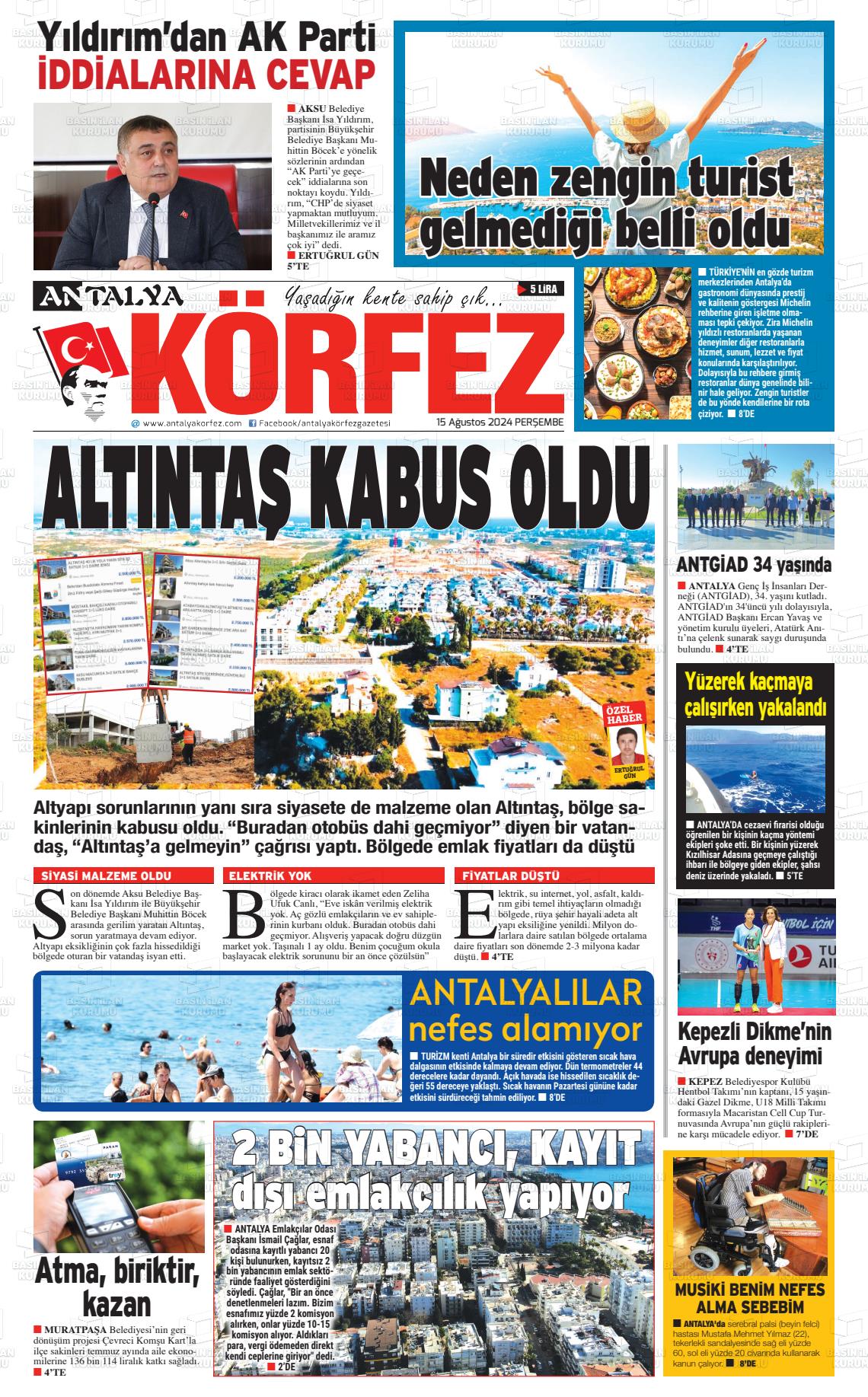 15 Ağustos 2024 Antalya Körfez Gazete Manşeti