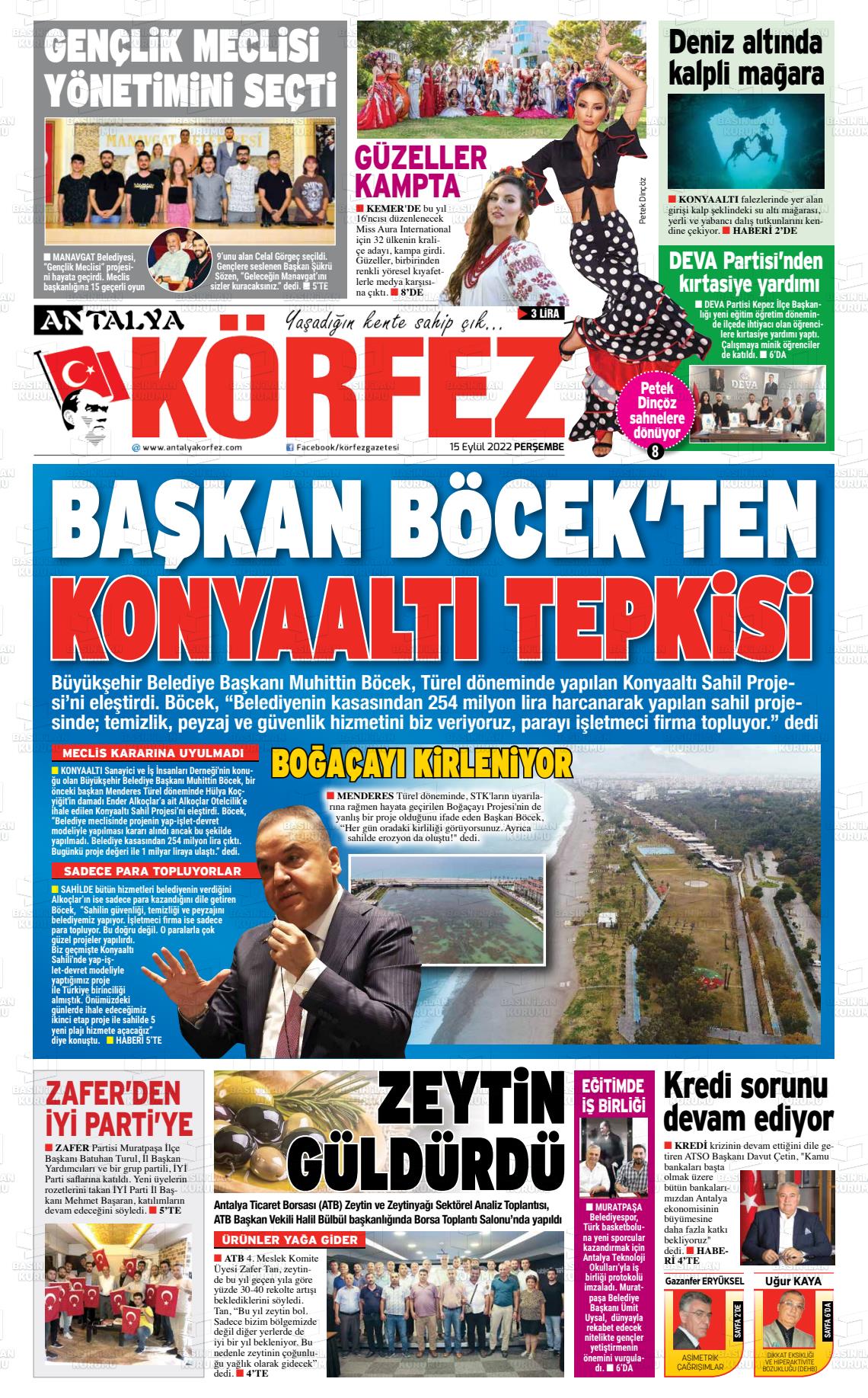 15 Eylül 2022 Antalya Körfez Gazete Manşeti