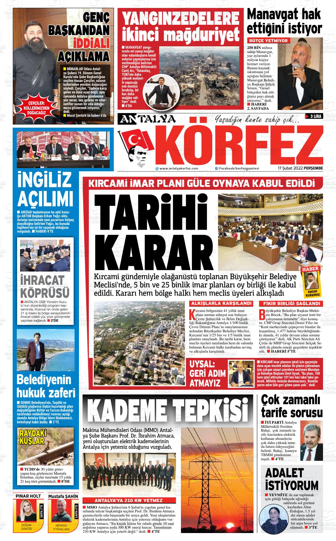 17 Şubat 2022 Antalya Körfez Gazete Manşeti