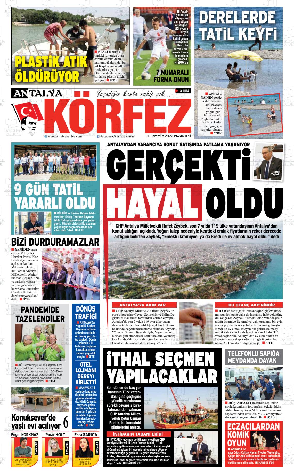 15 Eylül 2022 Antalya Körfez Gazete Manşeti