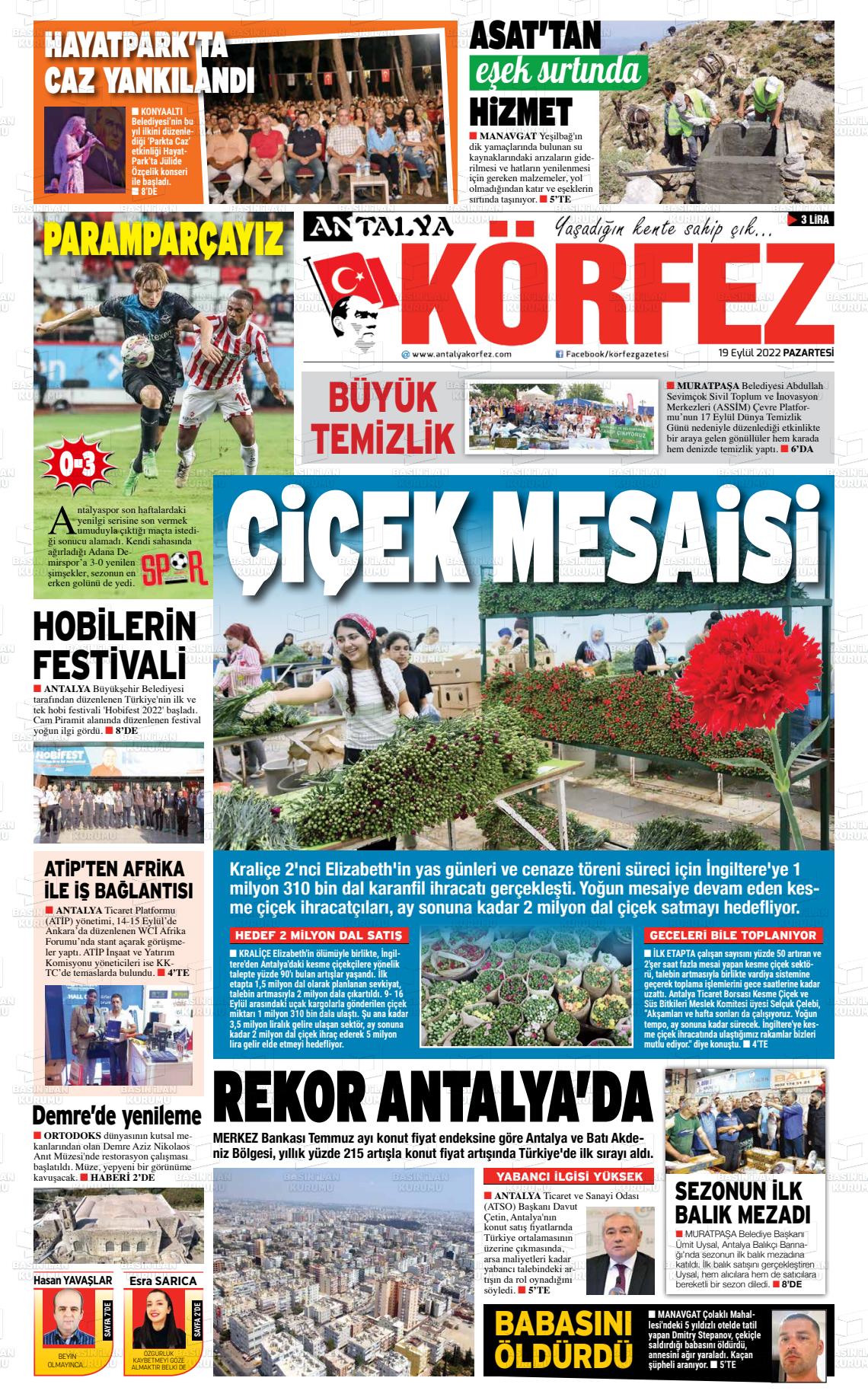 19 Eylül 2022 Antalya Körfez Gazete Manşeti