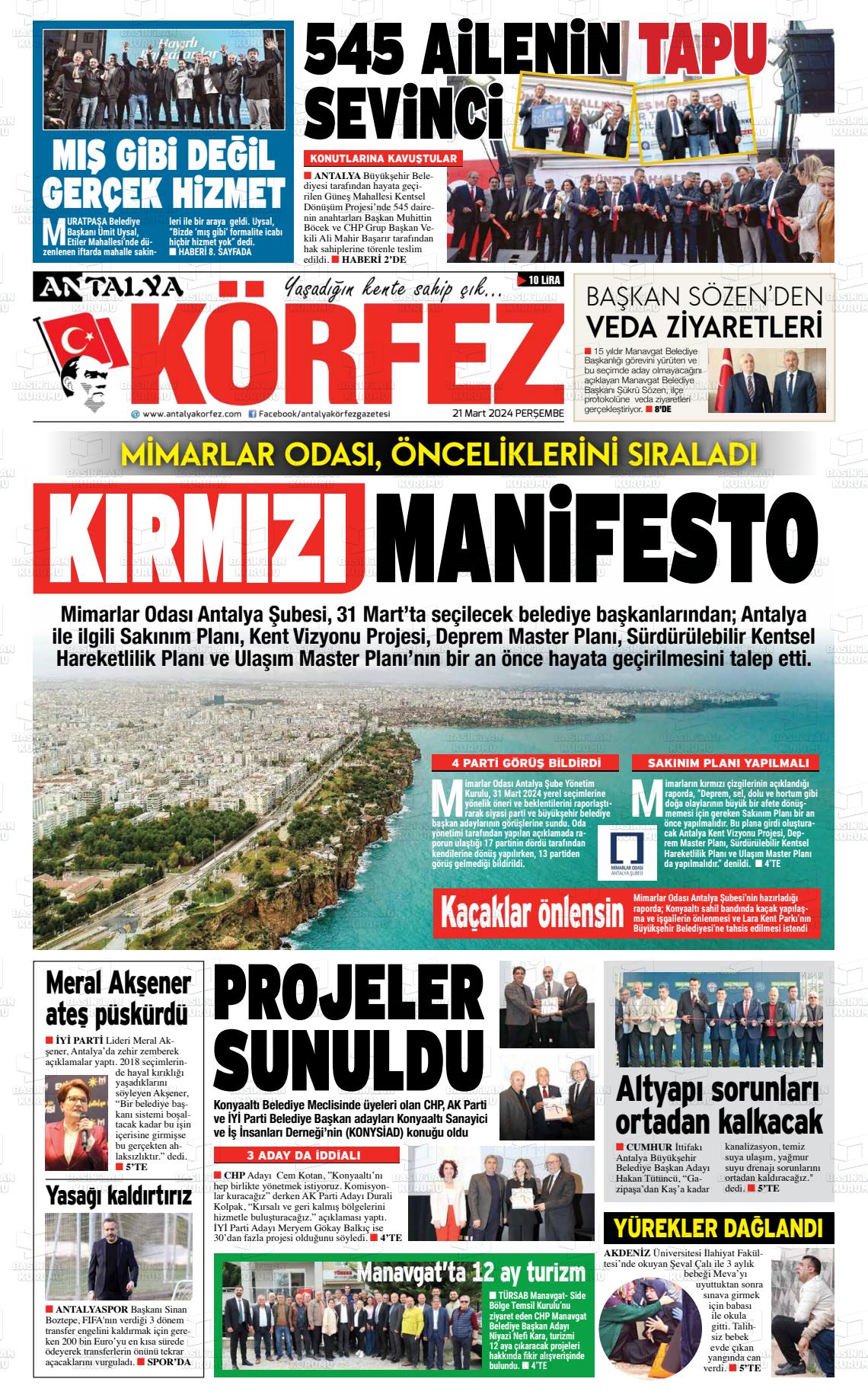 21 Mart 2024 Antalya Körfez Gazete Manşeti