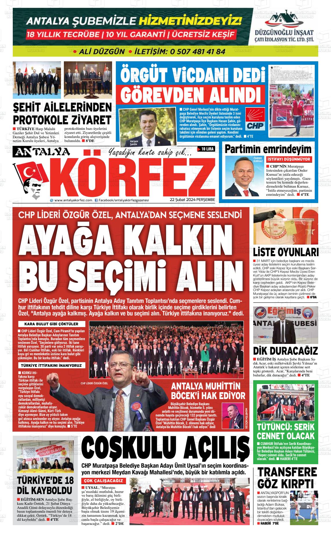 22 Şubat 2024 Antalya Körfez Gazete Manşeti