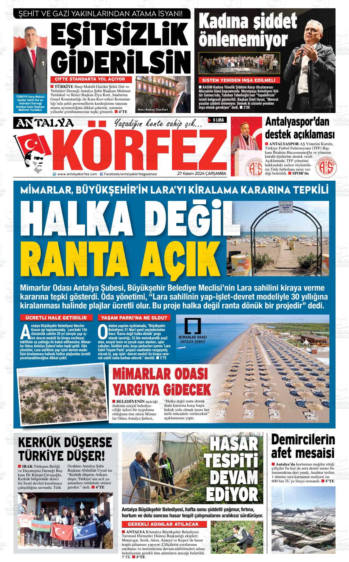 27 Kasım 2024 Antalya Körfez Gazete Manşeti