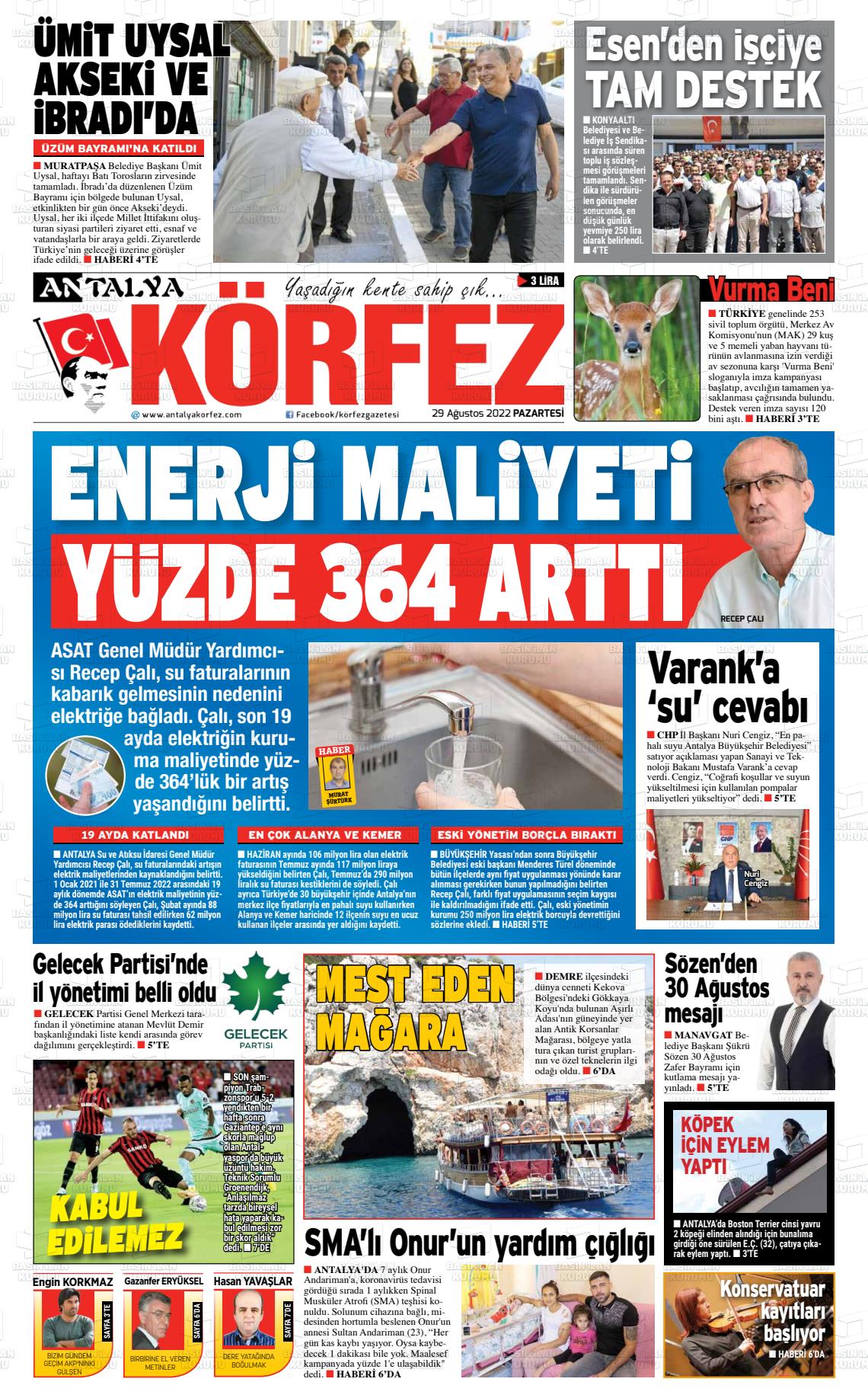 29 Ağustos 2022 Antalya Körfez Gazete Manşeti