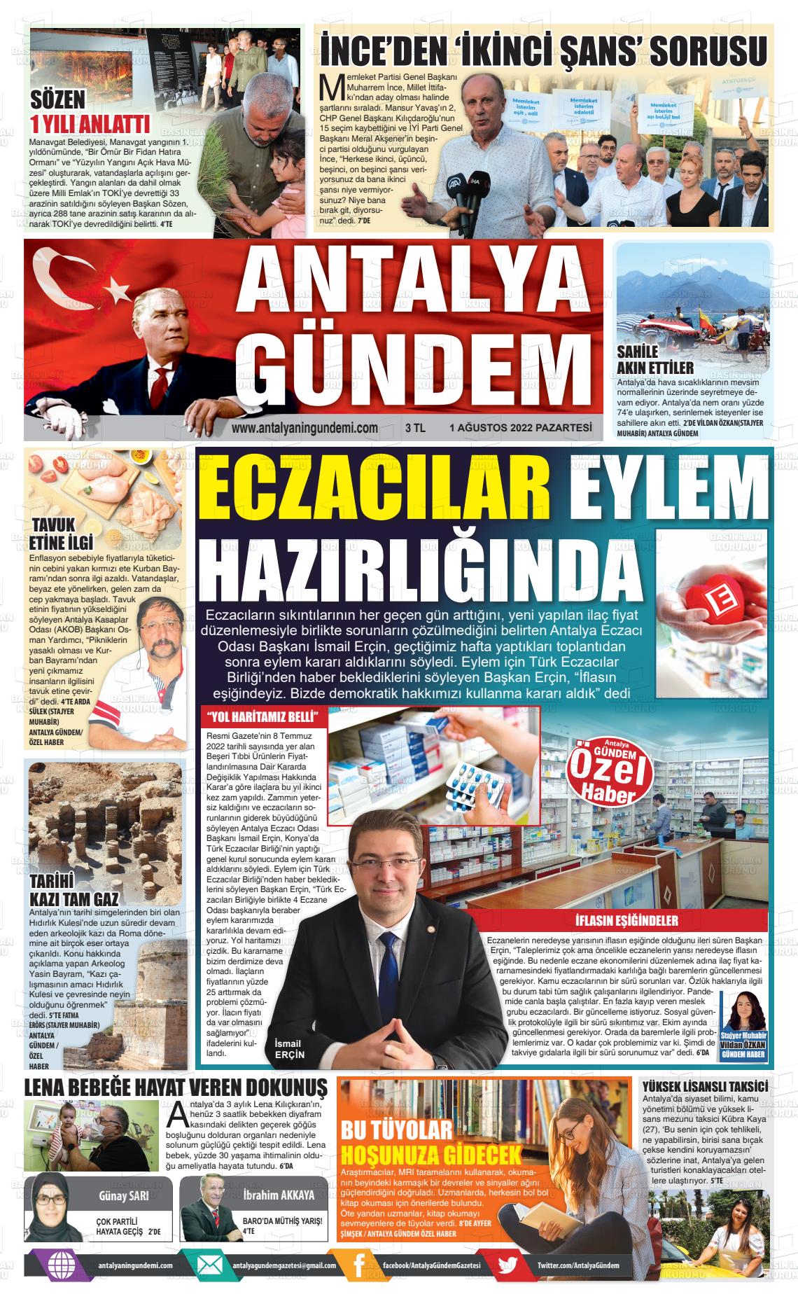 01 Ağustos 2022 Antalya'nın Gündemi Gazete Manşeti