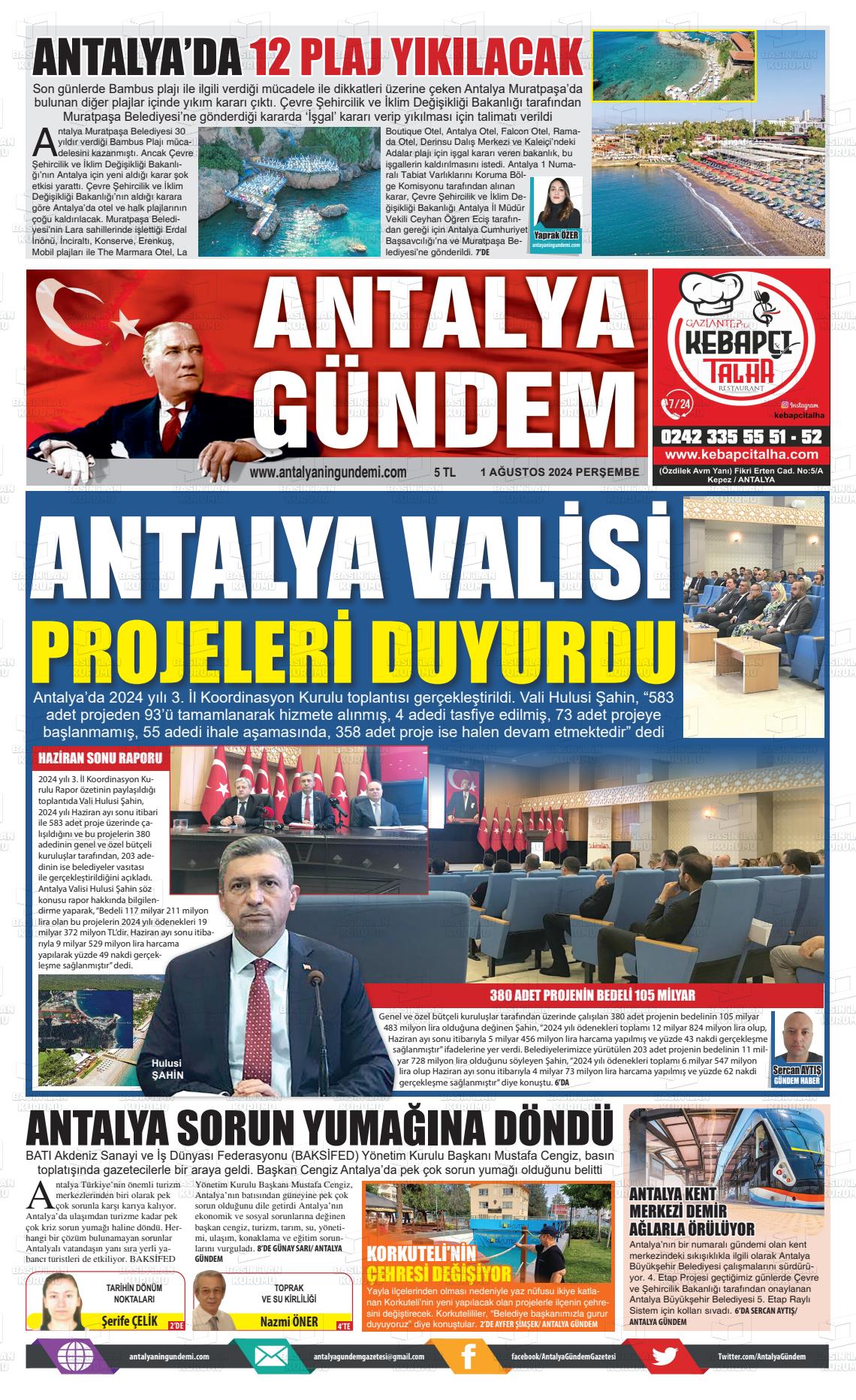 01 Ağustos 2024 Antalya'nın Gündemi Gazete Manşeti