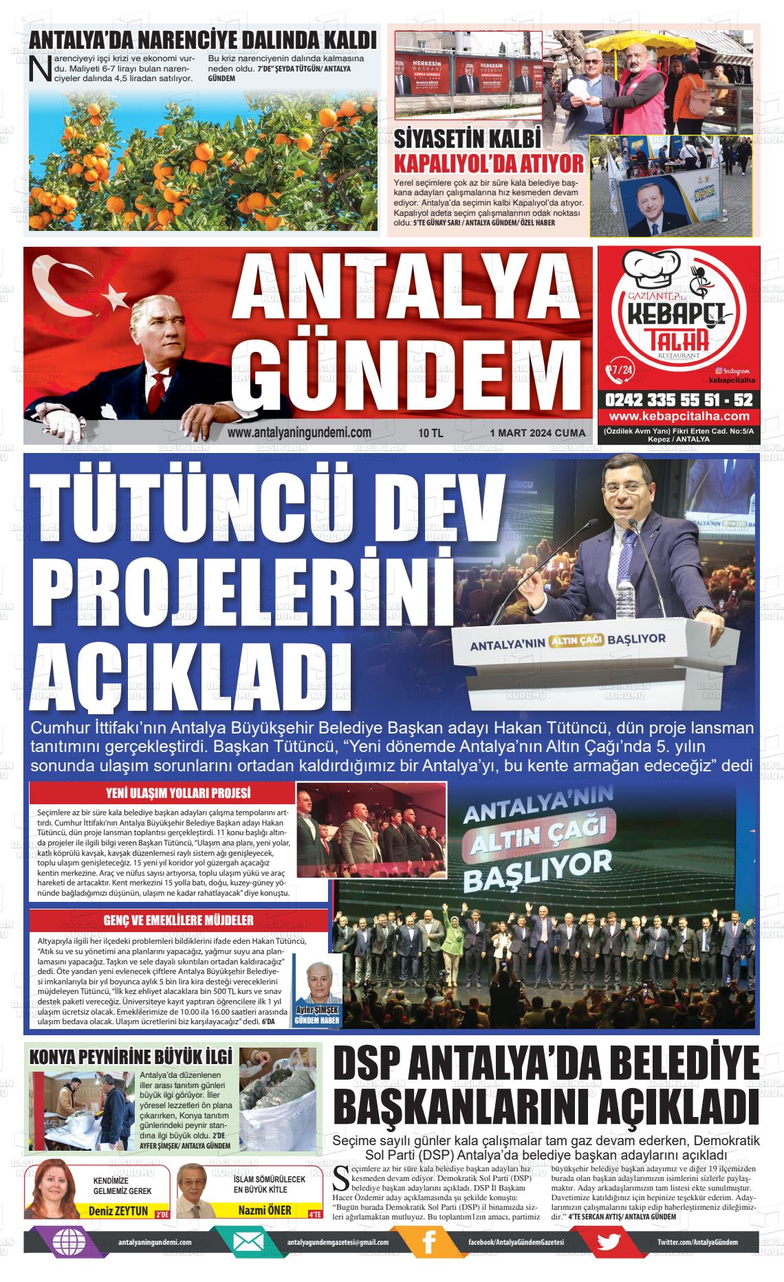 01 Mart 2024 Antalya'nın Gündemi Gazete Manşeti