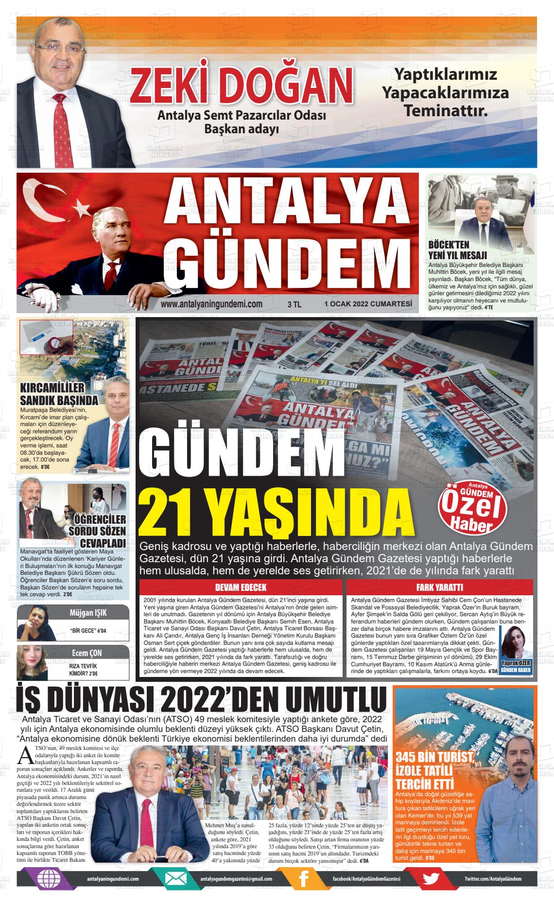 01 Ocak 2022 Antalya'nın Gündemi Gazete Manşeti