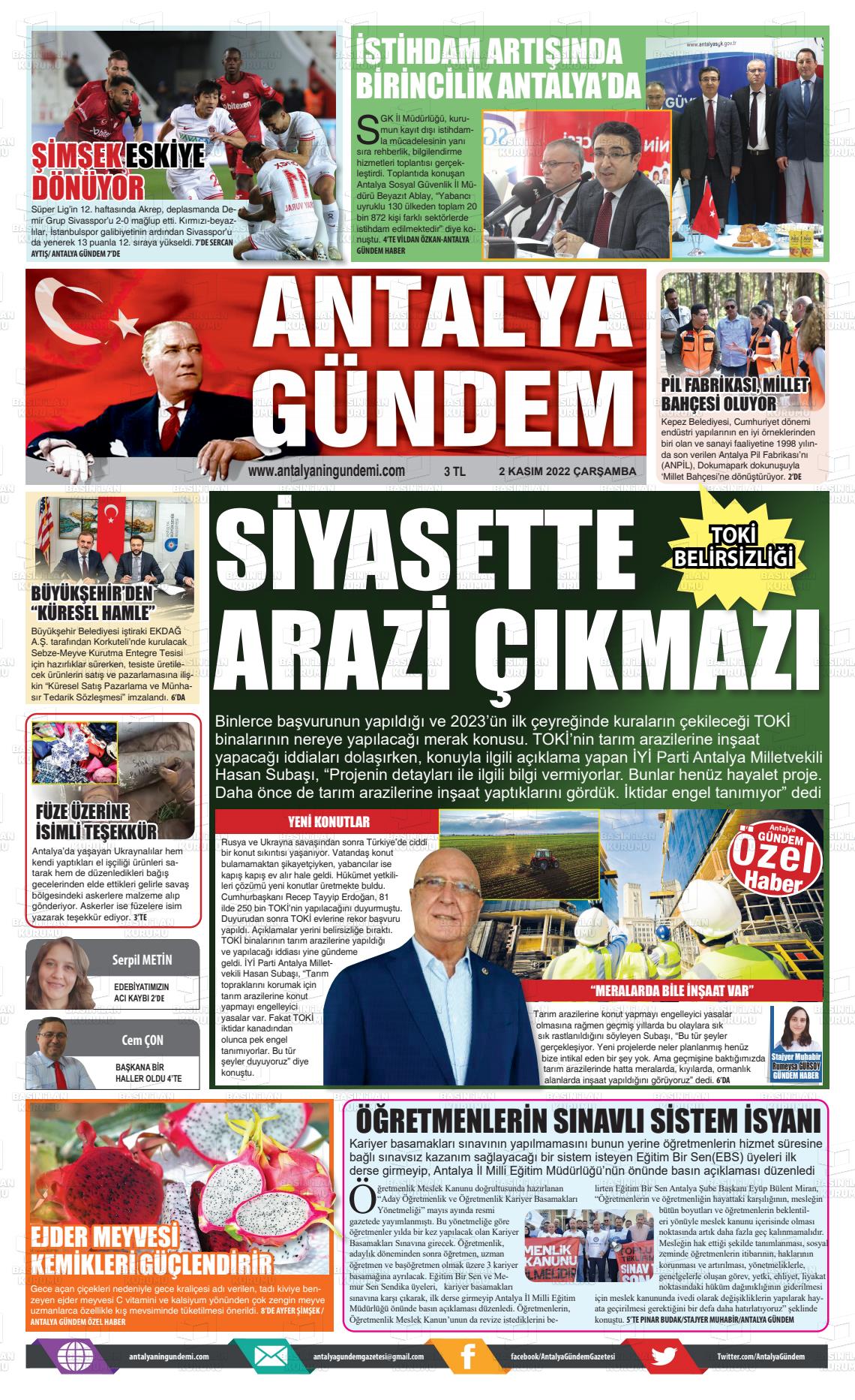 02 Kasım 2022 Antalya'nın Gündemi Gazete Manşeti