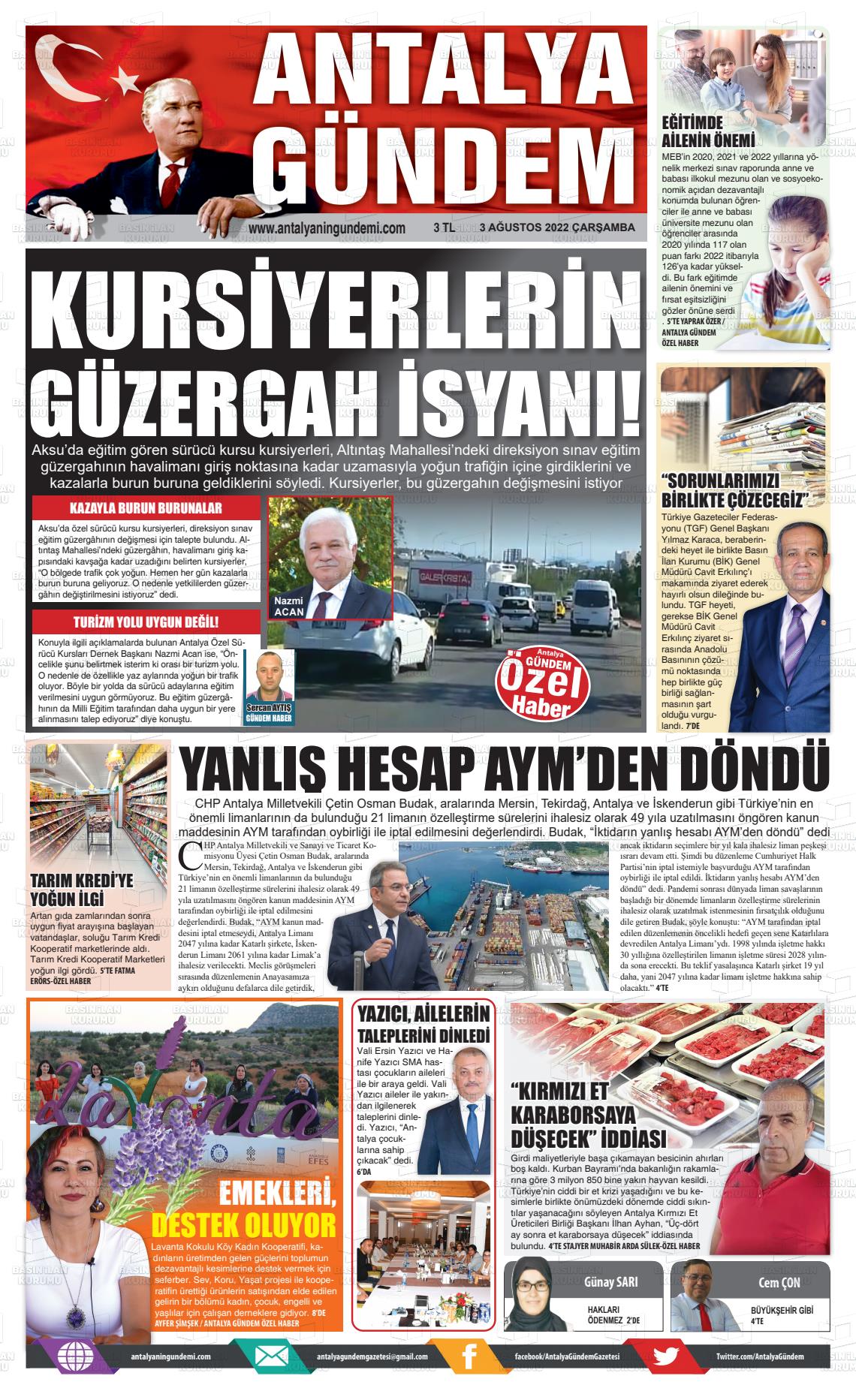 03 Ağustos 2022 Antalya'nın Gündemi Gazete Manşeti