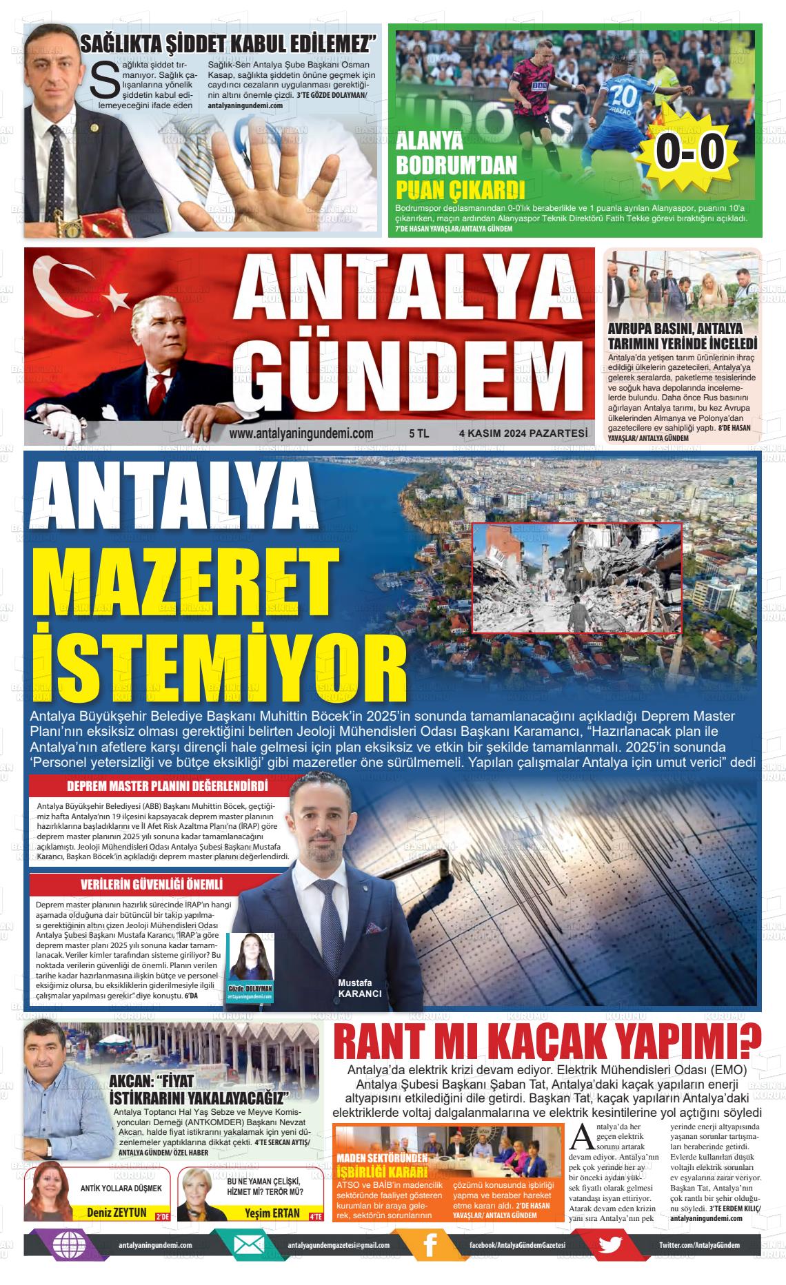 04 Kasım 2024 Antalya'nın Gündemi Gazete Manşeti