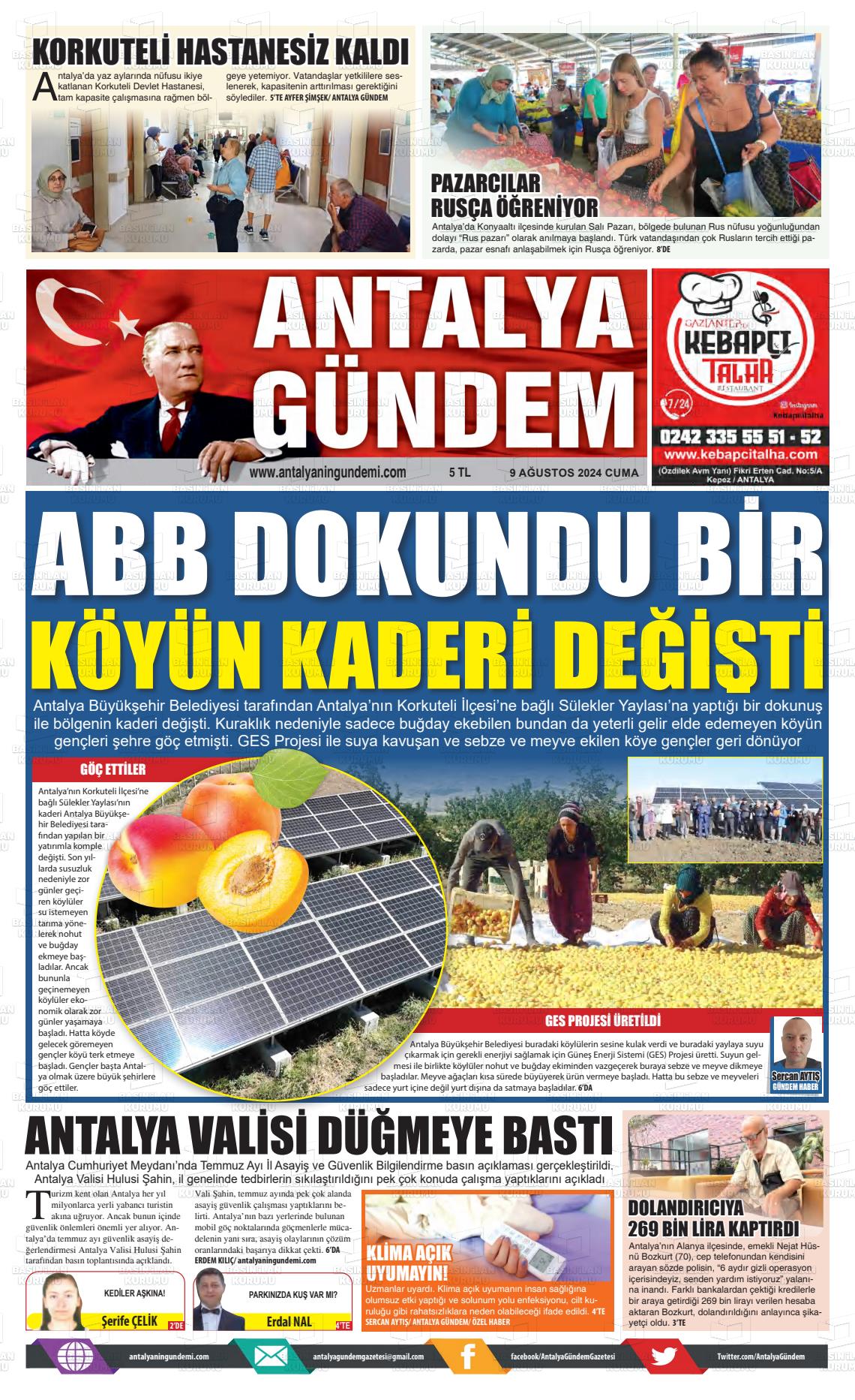 09 Ağustos 2024 Antalya'nın Gündemi Gazete Manşeti