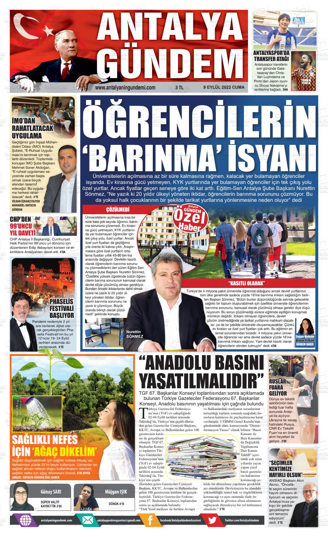 09 Eylül 2022 Antalya'nın Gündemi Gazete Manşeti