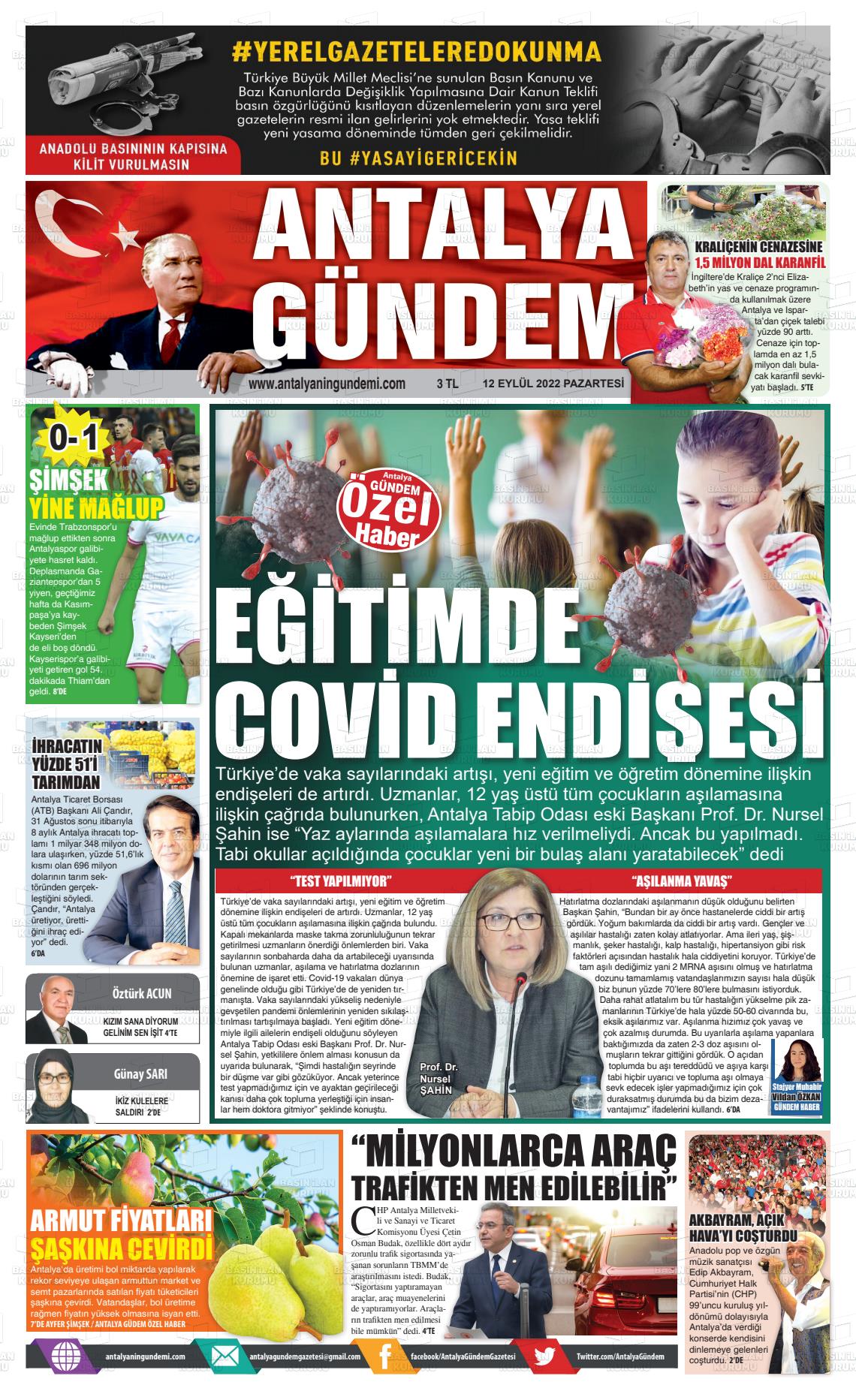 12 Eylül 2022 Antalya'nın Gündemi Gazete Manşeti