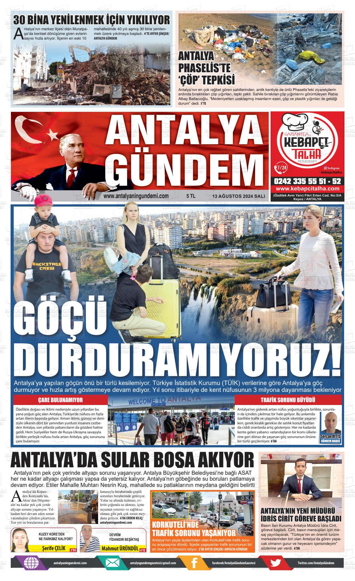 13 Ağustos 2024 Antalya'nın Gündemi Gazete Manşeti