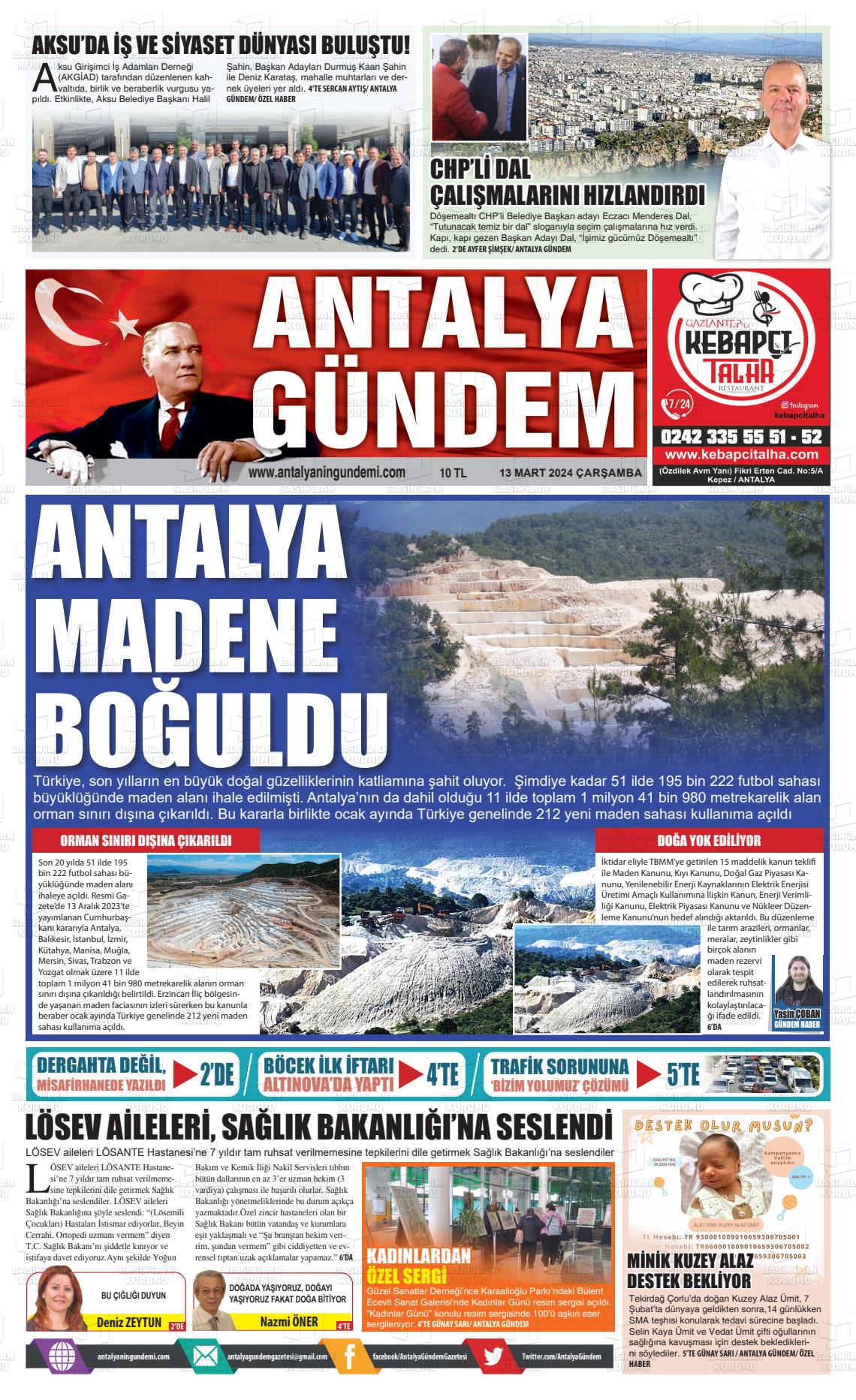 13 Mart 2024 Antalya'nın Gündemi Gazete Manşeti