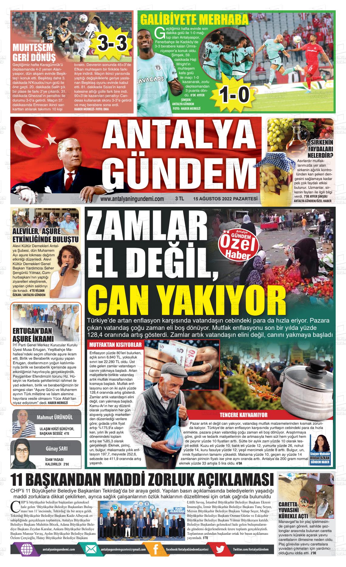 15 Ağustos 2022 Antalya'nın Gündemi Gazete Manşeti